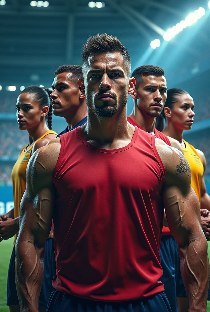 Several Asian male soccer players are in a circle kicking a ball. One of them is in the middle with his shirt off.