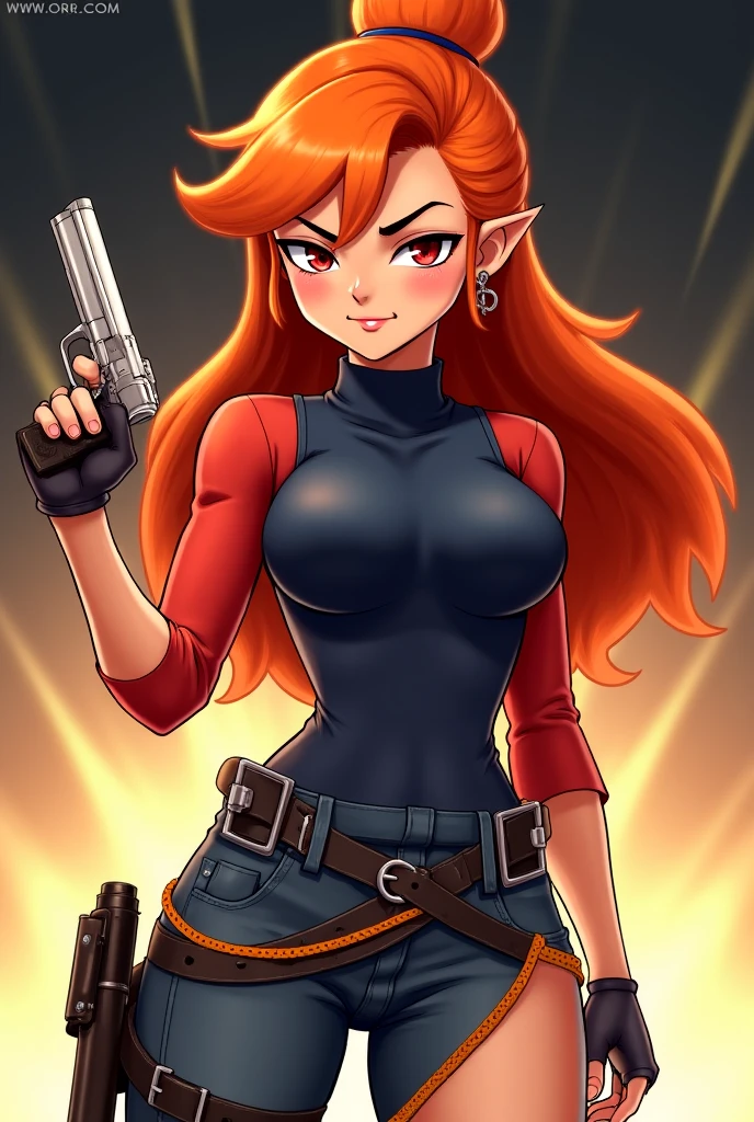 Ashelin, pointy ears,green eyes,dark skin,facial mark, red makeup , small breasts, short hair, elf, abs, standing, full body shot, serious expression, holding up two hand guns, two hand gunds in her hands, Solo, Aclothes,black gloves,highleg panties,midriff,belt,boots, (insanely detailed, beautiful detailed face, masterpiece, beautiful detailed eyes, best quality)