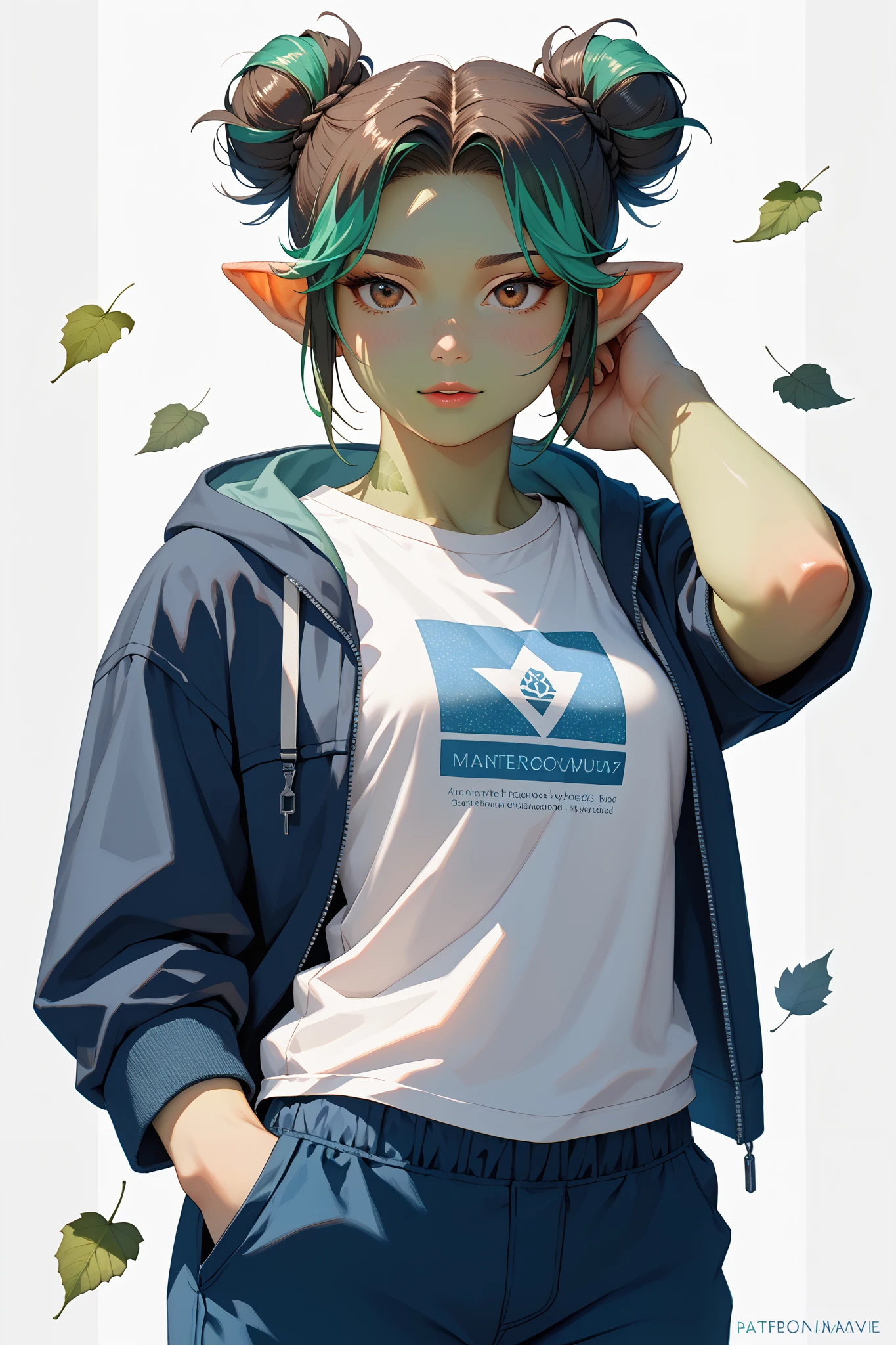 Solo, (((From front))), Female, goblin, ((green hair highlights)), (brown eyes), space bun hair, sci-fi type, white t-shirt, black hoodie with blue line details, ((Blue Suit Pants)), ((green leaf Mark on face)), looking towards viewers, random standing Pose, simple white background
