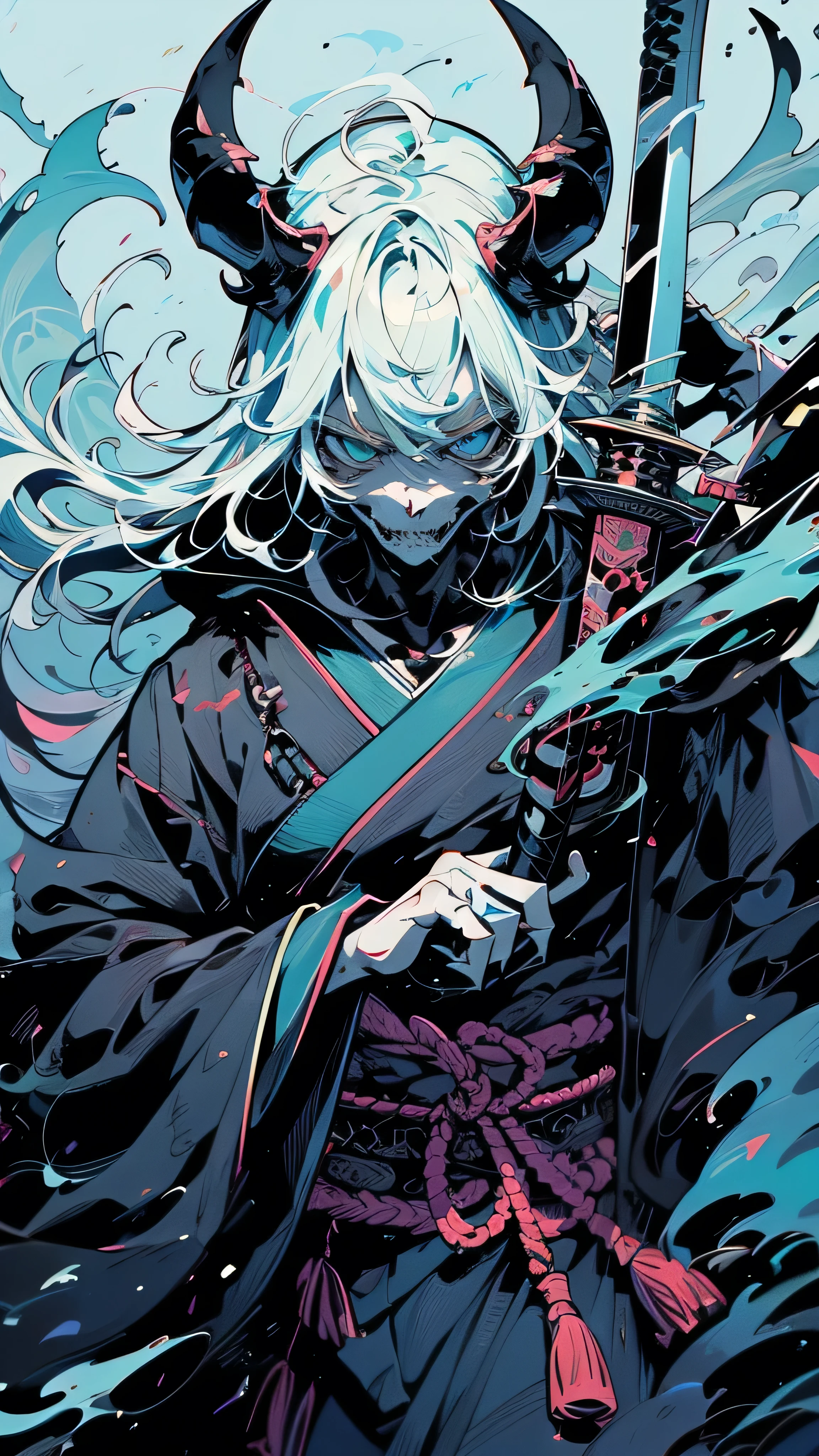 The image depicts a figure dressed in traditional Japanese attire, holding a katana sword. The figure has a menacing appearance, characterized by a skull-like face with prominent horns, dark skin, and claw-like hands. The person is wearing a blue kimono adorned with intricate patterns, and there is a red tassel tied around the sword hilt. The background features a gradient of blue shades, with some abstract shapes and a large white character written in Japanese script. The overall atmosphere is dramatic and mystical.