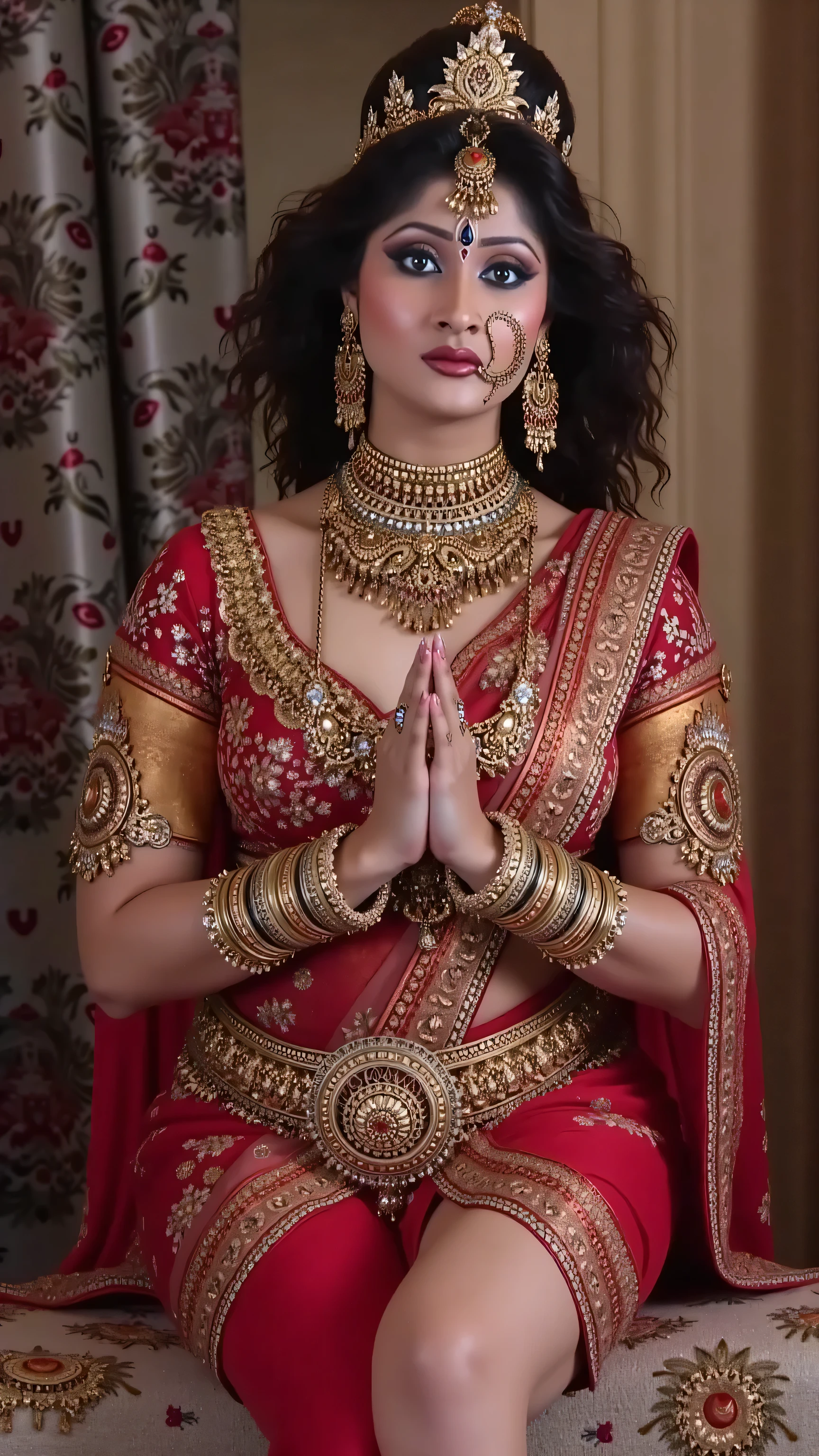 (sexy hot 🥵 devi of Indian, she has very giant  with cleavage, sexy long legs, she is sitting on mahishasur thighs side, mahishasur is lying on floor)The image you sent appears to be of Hindu devi of sex love , 40 year old a Hindu goddess known for her sex and erotic. She is often depicted with arms behind her head exposing armpits, symbol of her hottest goddess, wearing sexy dress for showcasing her legs and massive breasts. Background is lots of kissing lips mark and bras on the off white wall

In this image, she is standing in front of camera, she is very hot Because she is goddess of sex,big , sexy figure, sexy legs, jewellery,milf, goddess looks, sexy dress showcasing her sexy hot legs,(Kamasutra queen, crown on head,(red lipstick, sexy bright face), (intricate detailing of face eyes nose mouth full lips & body parts), textured skin, smile:0.6, eyes symmetry, face symmetry, 256K, HDR, hyper realistic, intricate detailing, yotta-pixel image, yocto-pixel detailing, super realistic,4k, HDR, detailed image, DSL camera photo)
