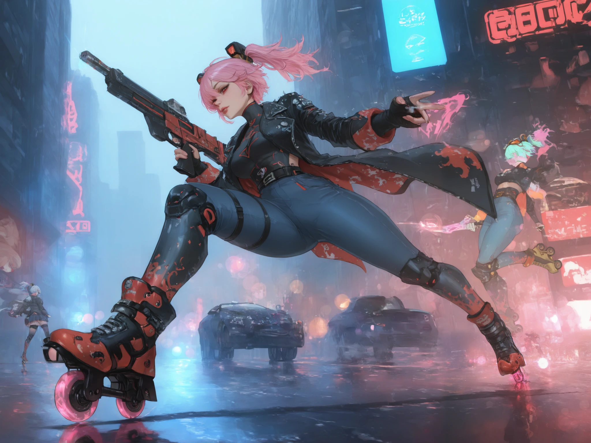 Cyberpunk girl, on roller skates, ultimate gunfight, between 2 girls, high quality, realistic, fotorealistic, 8k, detailed, professional, HDR, vibrant colors, Bokeh Effect, Cyberpunk-style, Neon lighting, big city backdrop, Rainy weather, puddles , Reflections, dramatic contrasts, futuristic technology, seductive women, weapons, Battle, speed , motion blur