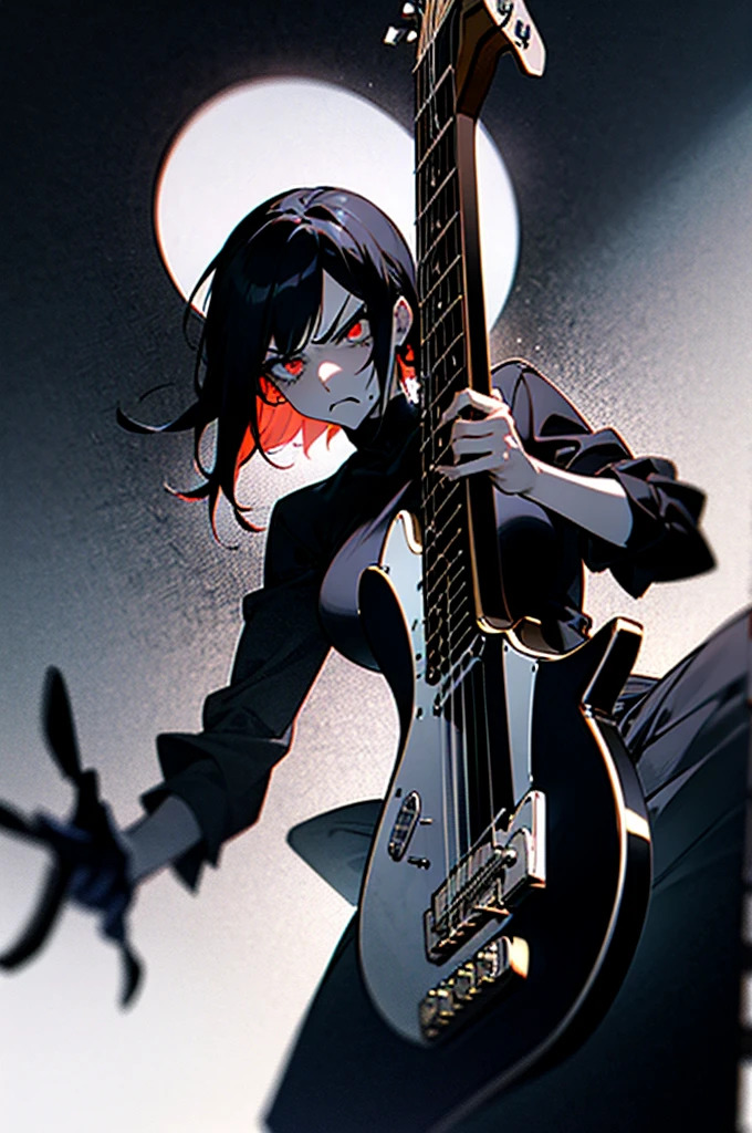 goth adult woman, angry face, emo, tall, beautiful, electric guitar, rock show, dramatic lighting, moody atmosphere, dark colors, ultra-detailed, emotional