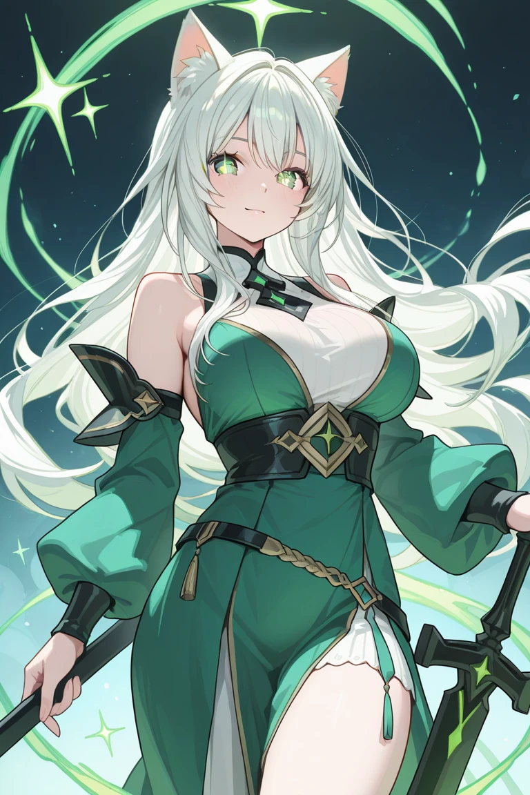 1 girl、Silver short hair、Hollow, glowing red eyes、Fantasy、witch、((黒とGreen clothes))、((Green clothes))、Aggressive design、Cape、Yellow decoration、accessories、Villain、Magical Items、whole body、Mysterious Forest、Wind Magic、Dark Magic、Dark Aura、Grin