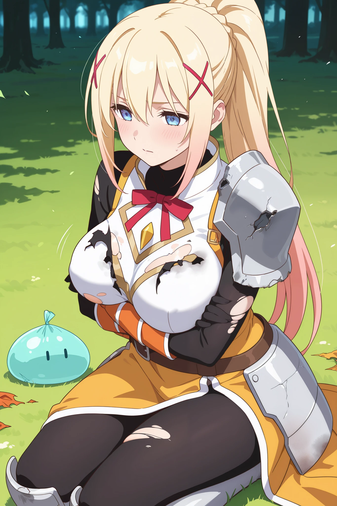 Konosuba Darkness, Monster girl quest, black bodysuit, boots, missing chest armor, blonde hair, seductive mature smile, smug, female tongue out, open mouth, (dreamy eyes), blush, 1boy, (shota), 1girl, larger female, large female, front view, (pov), forest background, ((titjob)), rubbing penis between tits, penis under clothes, foreskin, retracted foreskin, cumming, looking at eachother, looking at boy, scared boy, fearful boy, (squeezing breasts), penis between tits, squeezing penis, (large breasts), (female on knees), boy being held up by larger female, pinning down boy, (low angle), (((health bar))), ((damage numbers)), ((damage indicators)), (female draining health), energy drain