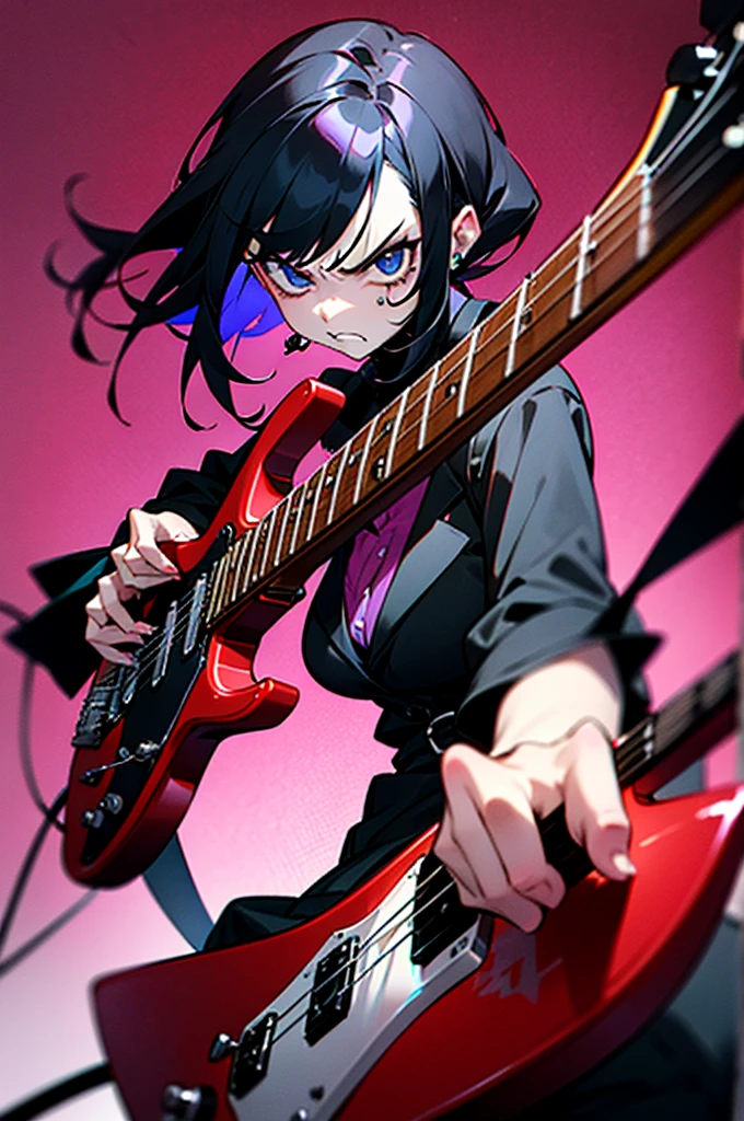 there is a woman that is laying down on a bed,holding an guitar, Guviz-style artwork, style of anime4 K, Ross Tran 8 K, Digital cyberpunk anime art, Guweiz in Pixiv ArtStation, Guweiz on ArtStation Pixiv, e - girl, E-Girl, cyberpunk anime girl, Fanart Meilleure ArtStation,transparent blacksilk, looking from above (ceiling)