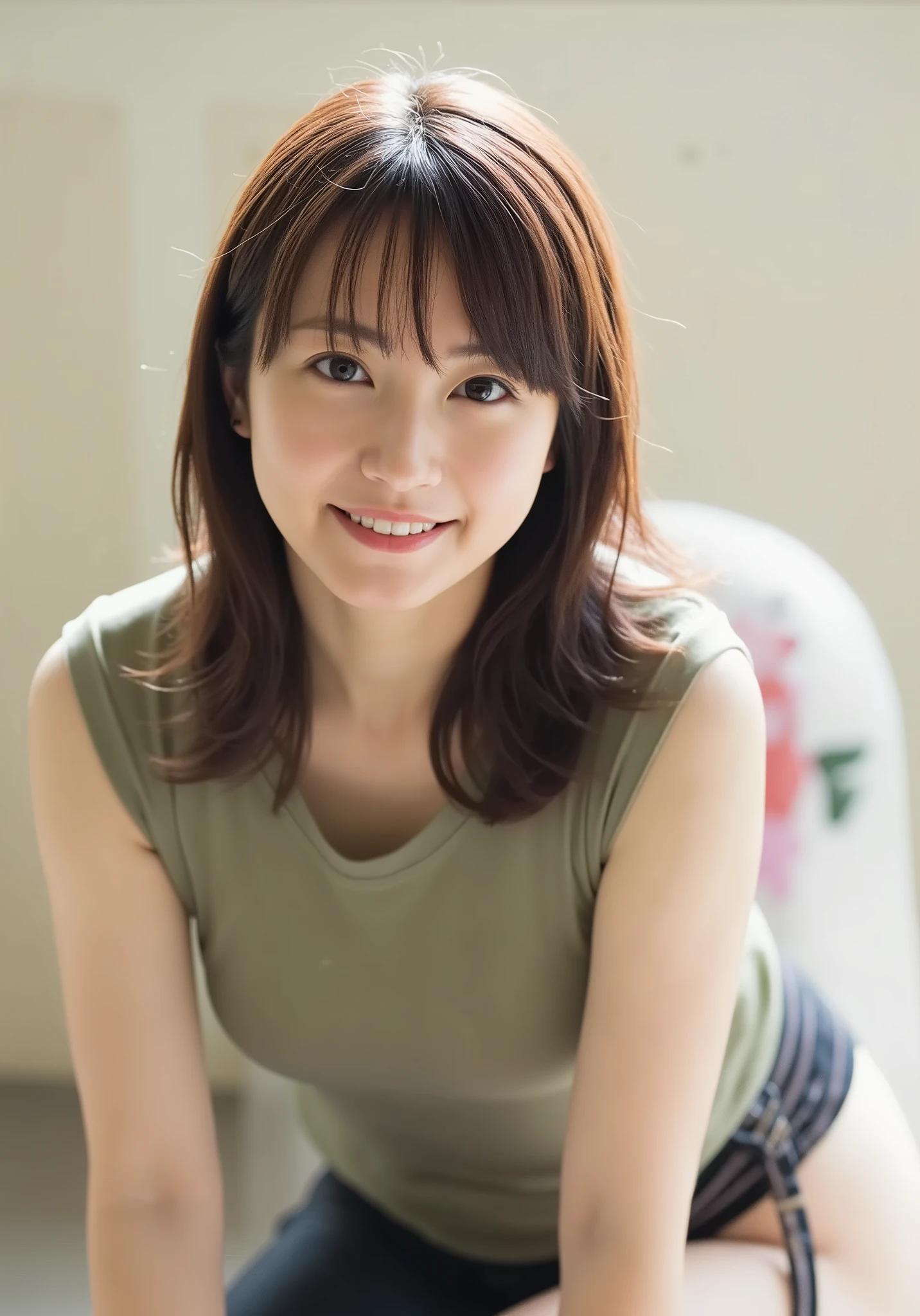 A Japanese woman with a perfect body、High Quality、bra ads,stockings、Big Breasts:2、open shirt,micro panties、Wrinkles on clothes 、dim、Morning Haze、law