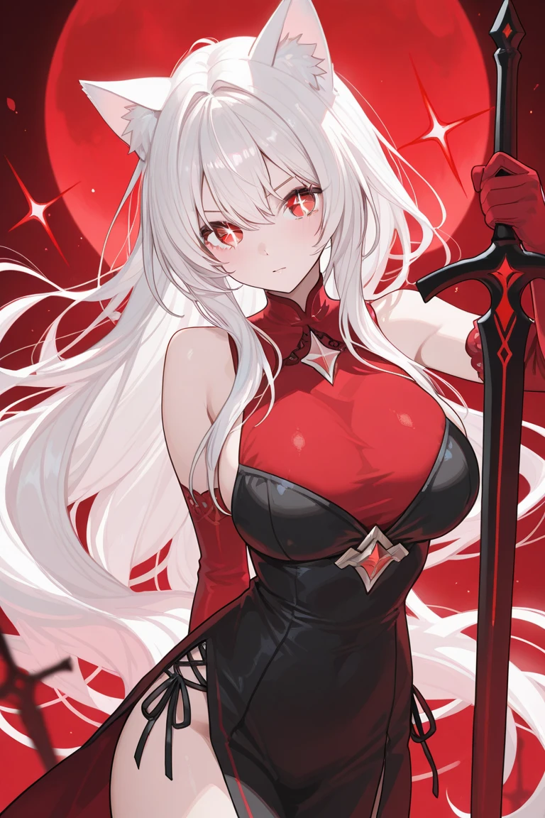 1girl, white hair, long hair, red eyes, serious, glowing eyes, large breasts, thick thighs, mature female, athletic female, toned, leotard, black leotard, knife, fur trim, fur, fur-trimmed jacket