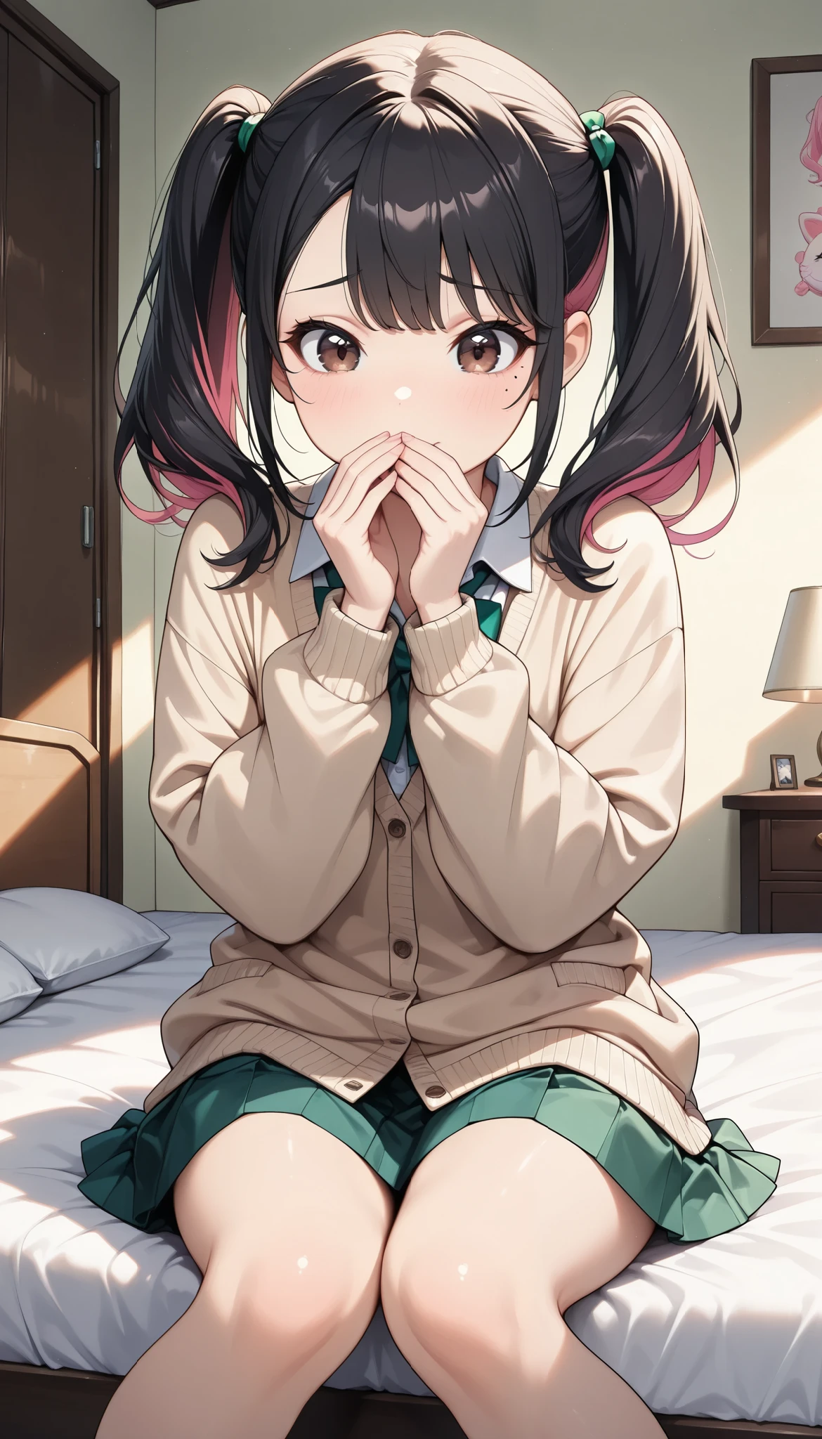 1 female, (Minami Yoshikawa), black hair with pink inner color hair, twin tails, asymmetrical hair, brown eyes, mole under the eye, slight build, shy laugh, blushes, Cover your mouth with your hands, beautiful shining eyes, glossy lips , Highly Detailed Eyes and Faces, Long Lashes, PERFECT FACE, perfect hand, Perfect Legs, perfect fingertips, Beige Cardigan, shirt, bright green bow tie , sitting in bed, (Kamigami), cute room, Bedroom view , quiet, light shines in ,(top quality:1.2, very well detailed, Detailed CG illustrations, soft focus, masterpiece:1.2, Aesthetics at its best),