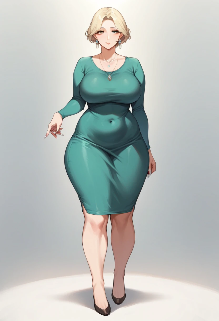 1girl, solo, short hair, short, bob hairstyle, hair bangs covering her entire forehead, large breasts, wide hips, thick thighs, 45 year old woman, blonde hair, small feet, white nail polish, long fingernails, full body shown, standing, tight long sleeve short green dress, flats shoes, dark brown footwear, milf, milf body, entire body shown, facing forward, earrings, small necklace, pencil dress