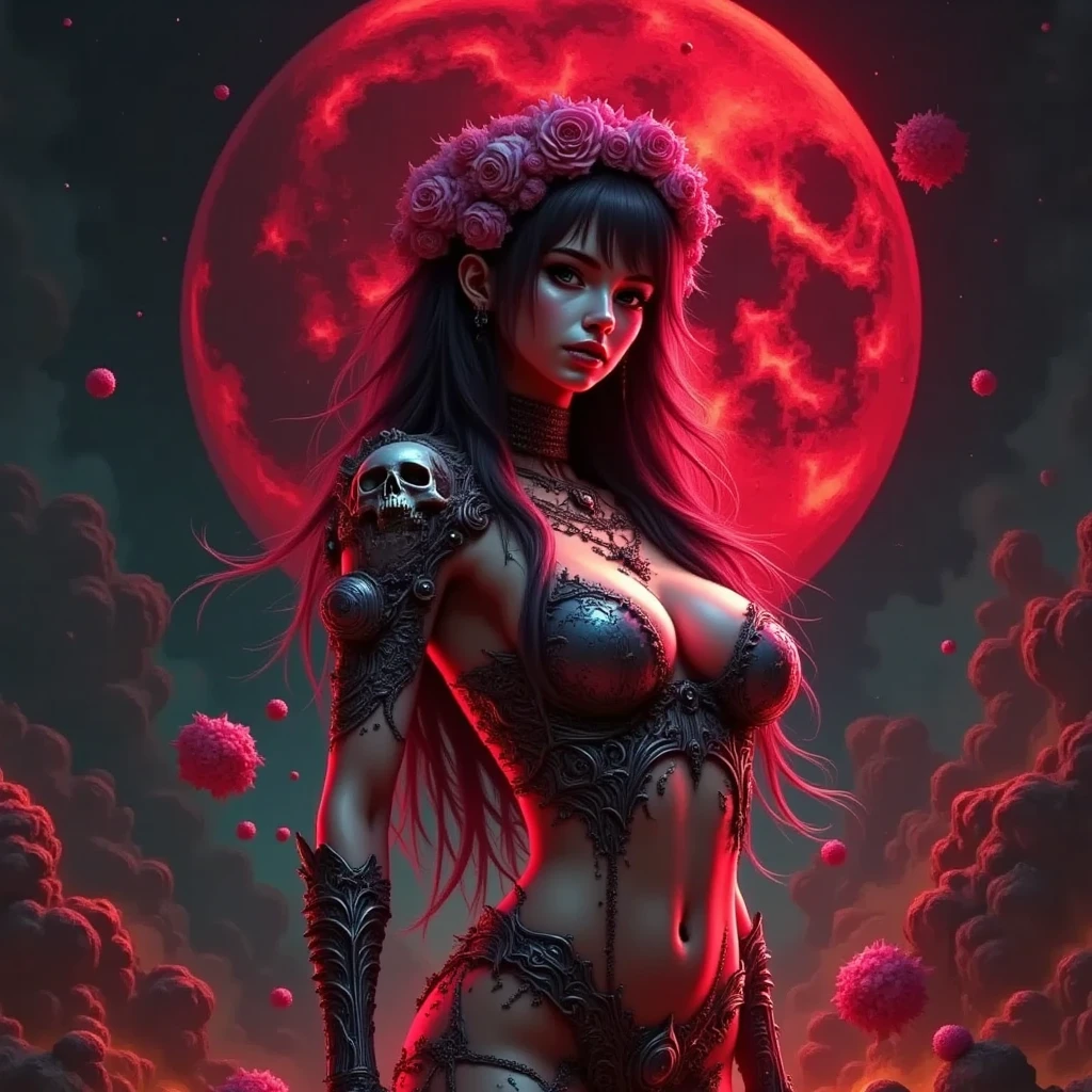 Sorayama style, metallic arm, ((( best quality ))), ((( masterpiece ))), ((( absurdres ))), (( whole body))), Goddess of death wielding a large scythe, hair totally black as night, silver star glued to the body, vampire wearing a red cape, perfect and defined body, Simon Bisley style for a cover of Heavy Metal magazine, (( tiny thong made of gleaming metal )), (( large breasts semi covered by gleaming metal )),  generous neckline, necklace of small human skulls, earring of bones, night scenery with a gigantic blood moon, ((( whole body ))), ((( red ))), ((((whole body)))