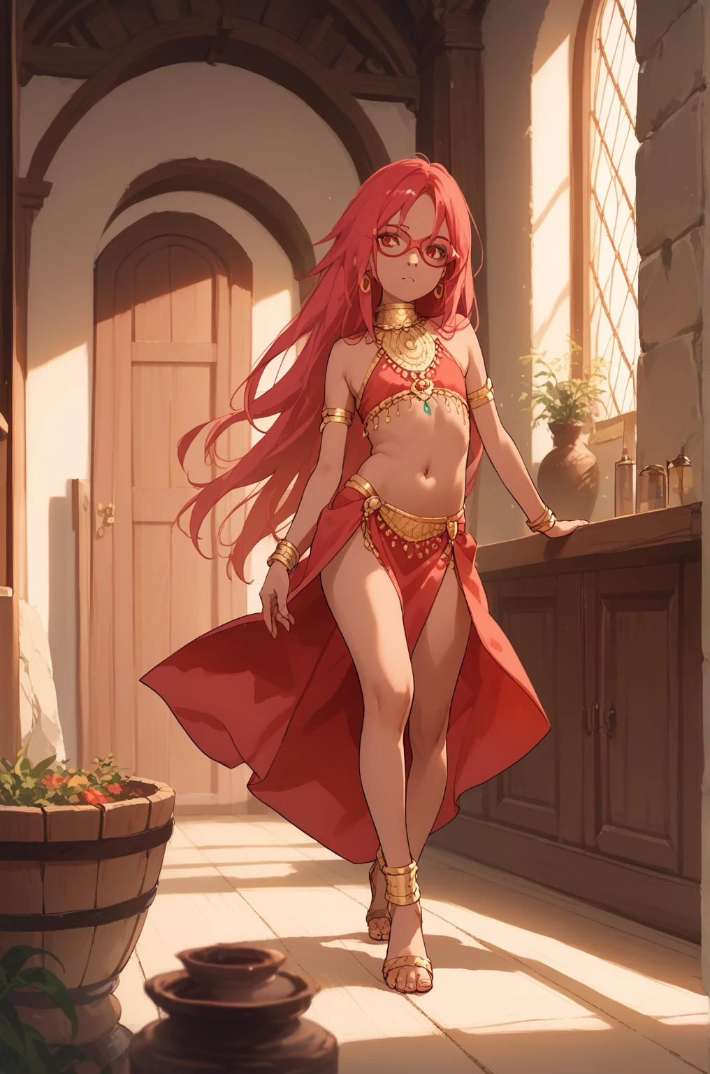 bitch medium breasts, red hair, beautiful face, green eyes, evil smile, blush, lipstick, evil smile, fur trim, mature female, gloves, masterpiece, best quality, highly detailed, a anime girls in long dress with navel cutout, revealing dress, beautiful dress center opening , long dress with bellybutton showing, ecchi anime style, anime girls, ecchi style, ecchi, digital anime art, anime style 4 k, exposed navel, exposed bellybutton, dark tanned skin anime woman, necklace, belly chain, belly piercing, (long hair), starving, (resting hands on the stomach), (hands on the stomach), (slim body), resting hands on top of the tummy.