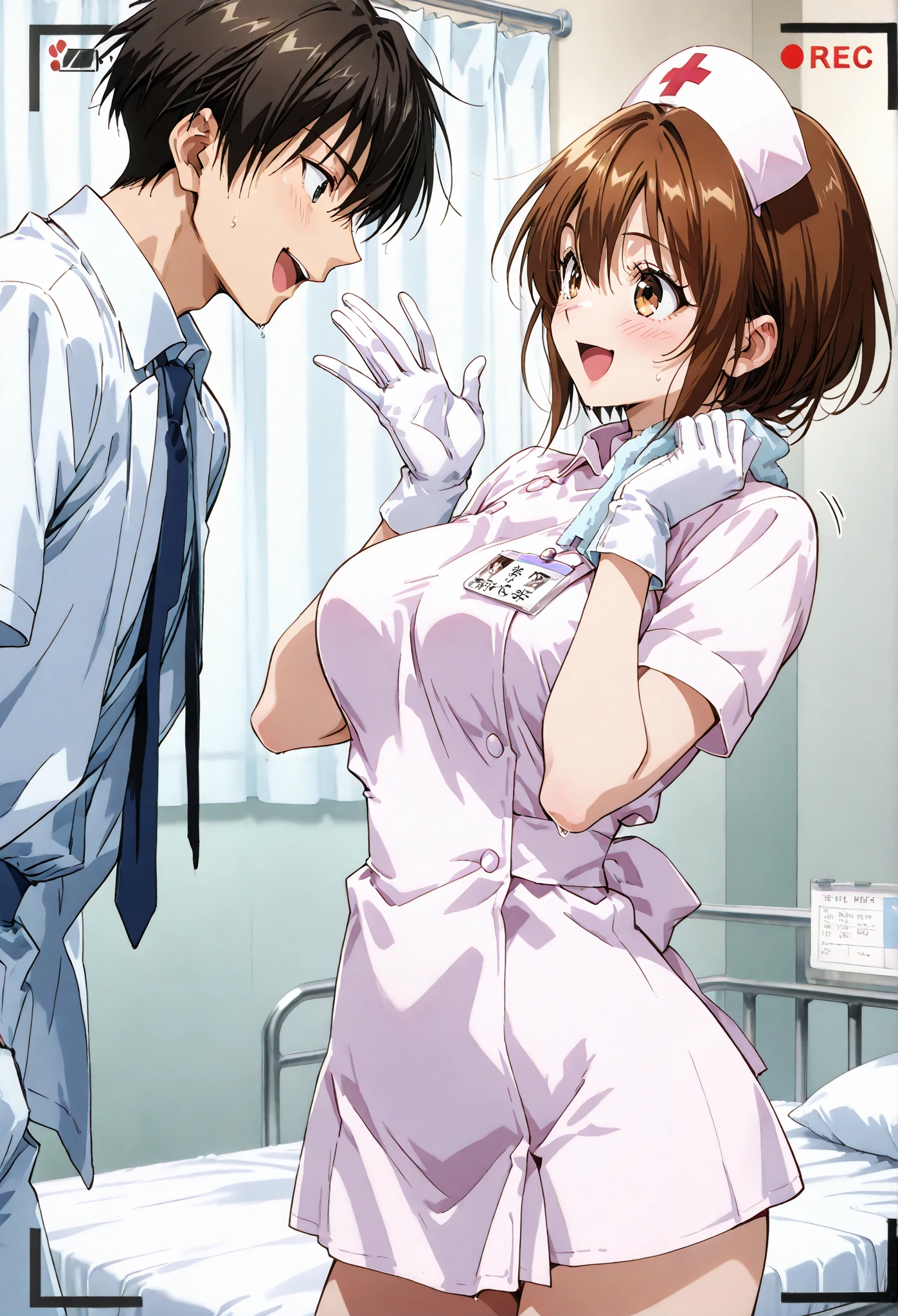 (male and female)、 Big Hospital、Hospital room、 HORIDE、name tag bed、、nurse、(side view)、(Wipe the sleeping man's body with a towel、Clean your body、men only wear underwear)、nurse clothes、 ( Hair、short hair)、 White rubber gloves 、 、、 、、 excited、、beautiful 、、medium breasts 、、masterpiece、Best Quality, , , , , , customer, Motion Lines, speedline , Aheface、 top、 top 、biology、、close eyes、medium breasts、recording、smile、 Smile、 kind