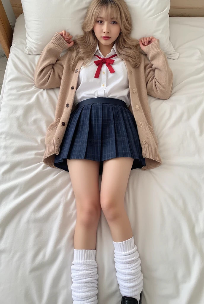 Photos of very beautiful Nordic-born girls, 12years A young beautiful girl with blonde twintails wearing a school blazer is lying on her back on the bed. She spreads her legs and shows me the crotch of her panties through the gap in her skirt. Seductive open legs pose, white bikini shorts, panties made of lace material、 Flipping up a skirt too small underwear white ralph lauren sweater vest Burberry check skirt