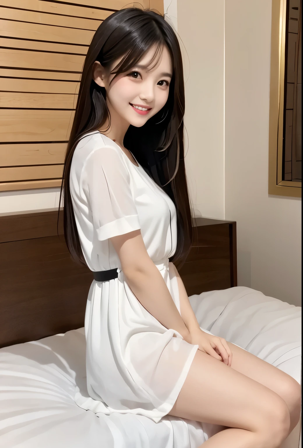product quality, 1 girl per 1 photo, full body shot, front view, in the morning, a Japanese young pretty girl, long bob hair, wearing a marriage ring, wearing only a sleeveless long length shiny satin white chemise with laces, sitting on a silk bed with a big smile, a silk pillow, silk bed sheets, hyper cute face, glossy lips, double eyelids for both eyes, natural makeup, shiny smooth light brown hair of long bob hair, asymmetrical bangs, tanned skin, central image, ultra resolution, high detail, detailed hairstyle, detailed face, cinematic lighting, octane rendering, hyper realistic, perfect limbs, perfect anatomy