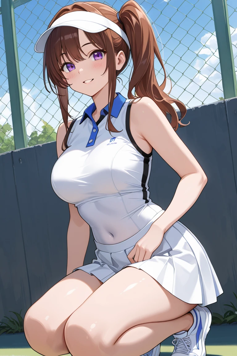 1girl, solo, long hair, breasts, looking at viewer, blush, bangs, skirt, large breasts, brown hair, shirt, black hair, holding, cleavage, bare shoulders, brown eyes, jewelry, closed mouth, collarbone, sidelocks, thighs, pleated skirt, outdoors, sleeveless, day, necklace, blue skirt, sleeveless shirt, wristband, blue headwear, sportswear, visor cap, tennis uniform