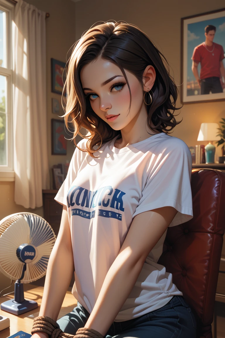 DEN_rebz_SG wearing a ((oversized t-shirt:1.2)), ((rocker t-shirt, logo on t-shirt)), ((brown hair)), long hair, hyper realistic, 4k, medium breasts, masterpiece, beautiful, facing the viewer, headshot, pale skin, fair skin, denim pants, ((nasolabial folds)), DSLR RAW PHOTO, 8K, POV, canon 5d, 85mm, ((bedroom, early morning, sitting on a bed, dim lights, black background)), smirk, sexy pose, AS-Adult, (RAW photo:1.2), (photorealistic:1.4), (masterpiece:1.4), (best quality:1.4), ultra high res, ((detailed facial features)), HDR, 8k resolution, upper body, \(nikke\), (masterpiece:1.4), (best quality:1.4), (shiny skin), <lora:p3r3zstyle:0.3>
