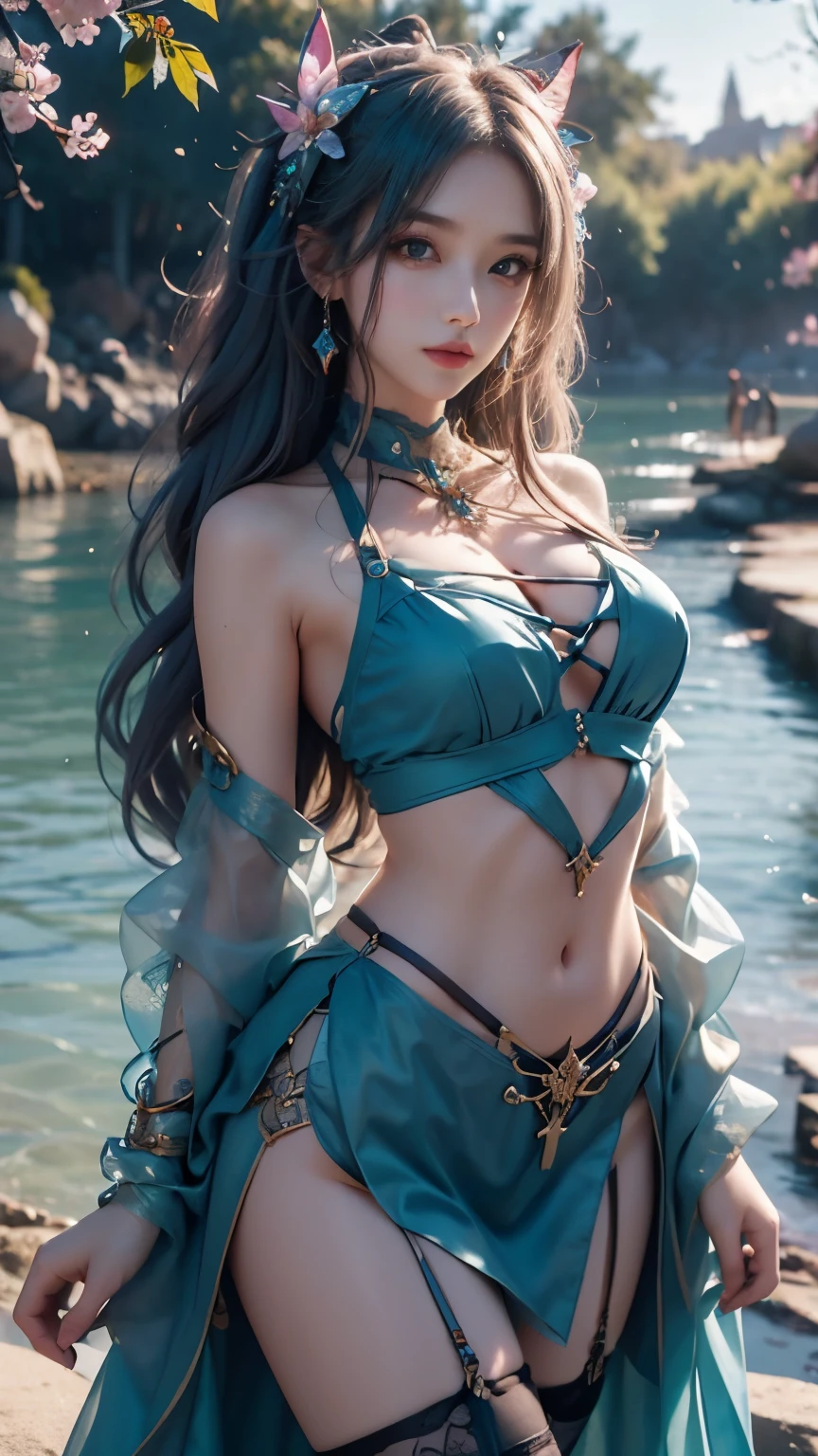 realistic, 1 women, best quality, 12k, HD, long hair, big round breasts, cleavage, ponytail, necklace, jewelry, shorts, short jacket, slim hips, hair tie, yellow eyes, black hair, super detailed, Eye details, hair details, person details, mouth details, face details, breast details, clothes details, hair details, pants details, hand details, whole body