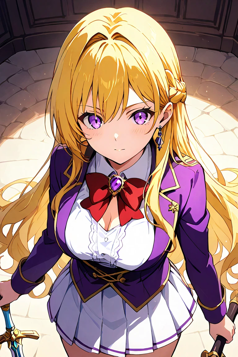 blonde,purple eyes,black suit