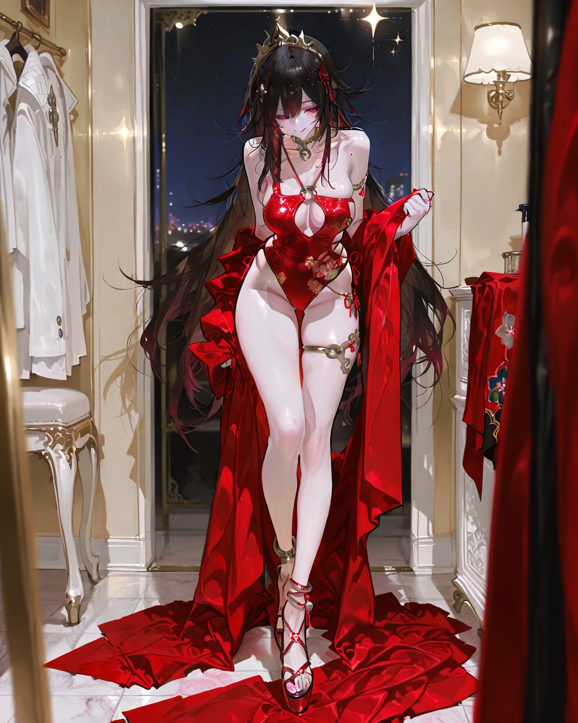 Best quality, masterpiece, super high resolution, 1 girl, mature girl, beautiful_face, detailed skin, full body, stockings, wedding dress, realistic, beautiful lighting --auto --s2