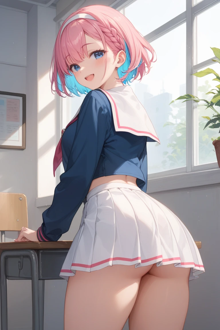 nsfw,1 girl,loli,petite,(Huge breasts:1.6),short hair,shining eyes,(blush:1.5),(embarrassed:1.5),(surprised:1.3),(happy:1.5),looking at viewer,wet,(see through:1.3),(white sailor uniform:1.6),(see through:1.5),(white pleated very short pleated miniskirt:1.6),(skirt lift:1.7),g-string,kyriedef, hair over one eye,(arched back :1.8),(looking back:1.5),classroom,Realistic,High-definition,