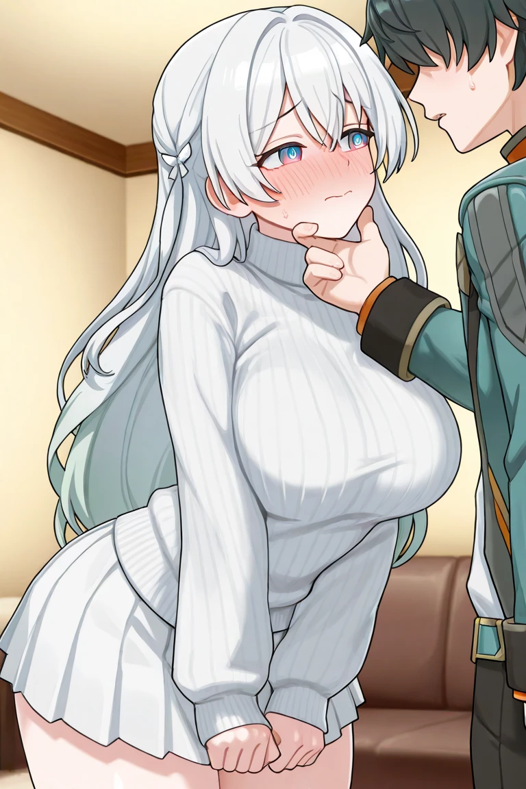Secelia Dote, dark skin, dark-skinned female, green eyes, short hair, white hair,
asticassia , green jacket, jacket, , shirt, shoulder boards, thighhighs, thighs, white shirt, white thighhighs,、Huge breasts、Staring at a huge penis、surprised、blush、Upper body only、Erect penis、Handjob
