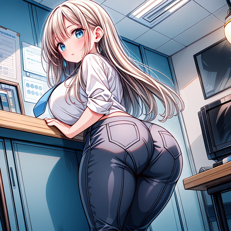 Sensual、((Blonde Wavy Hair))、Thick thighs、8k、4K、Highest quality、(High resolution:1.7)、Cute anime face、Noise Reduction、((close ~ eye:1.5、Contorting the face in pain:1.3、blush、Open Mouth))、(Browsing Caution:1.5)、(Vaginal intercourse:1.5)、(One Man:1.5)、(logic:1.5)、 penis, dorsal position, From behind、Turn around here、Big Breasts、(High leg T-back)