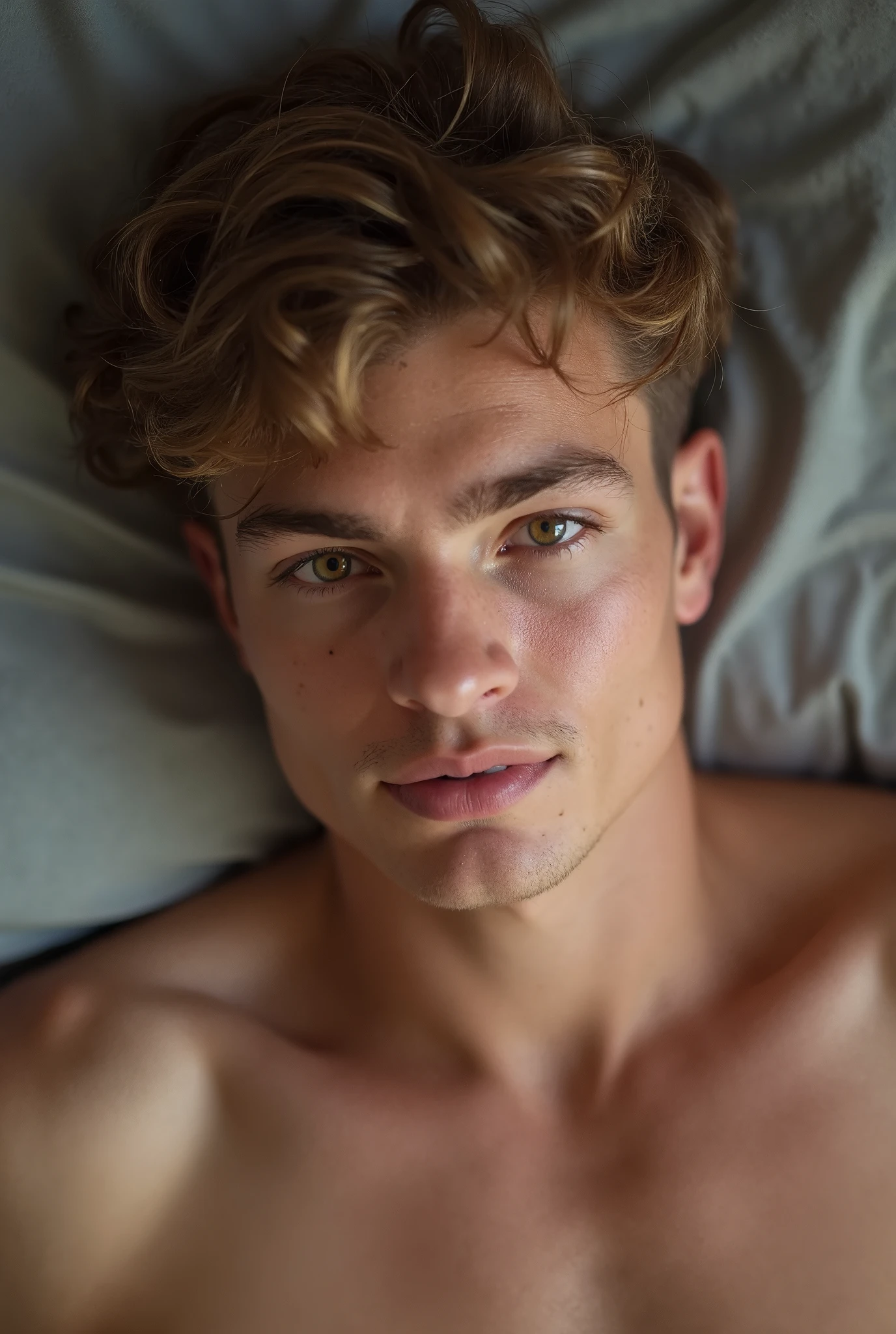 handsome dark blond boy slim and with nice physique selfie in bedroom