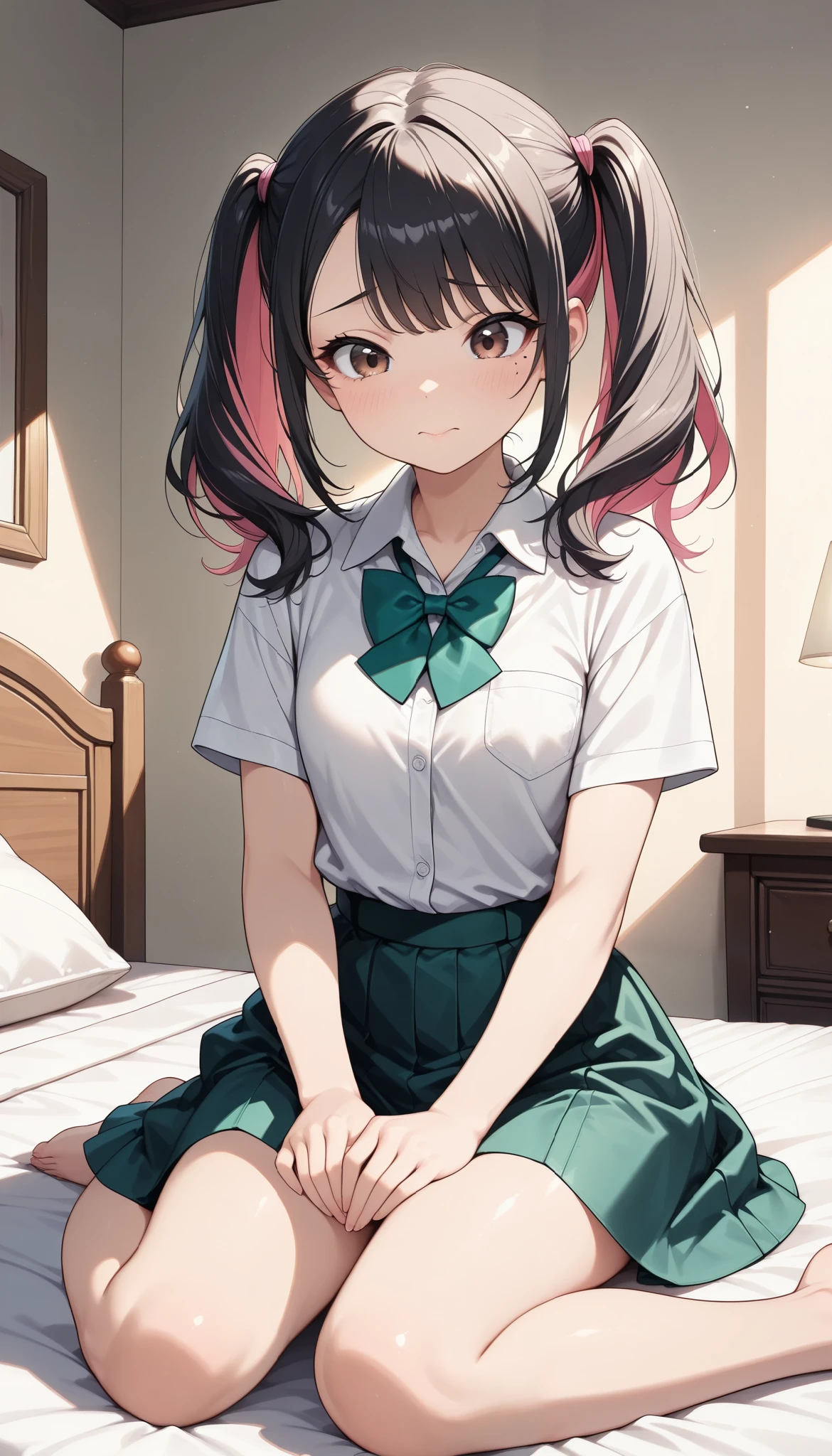 1 female, (Minami Yoshikawa), black hair with pink inner color hair, twin tails, asymmetrical hair, brown eyes, mole under the eye, slight build, shy laugh, blushes, spread your hands , beautiful shining eyes, glossy lips , Highly Detailed Eyes and Faces, Long Lashes, PERFECT FACE, perfect hand, Perfect Legs, perfect fingertips, shirt, bright green bow tie , sitting in bed, (lie down on the bed, supine), cute room, Bedroom view , quiet, light shines in ,(top quality:1.2, very well detailed, Detailed CG illustrations, soft focus, masterpiece:1.2, Aesthetics at its best),