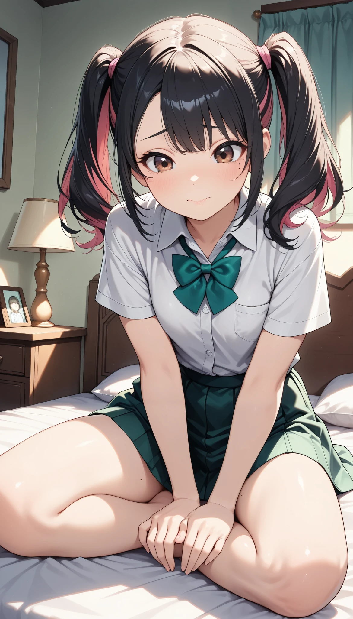 1 female, (Minami Yoshikawa), black hair with pink inner color hair, twin tails, asymmetrical hair, brown eyes, mole under the eye, slight build, shy laugh, blushes, spread your hands , beautiful shining eyes, glossy lips , Highly Detailed Eyes and Faces, Long Lashes, PERFECT FACE, perfect hand, Perfect Legs, perfect fingertips, shirt, bright green bow tie , sitting in bed, (lie down on the bed, supine), cute room, Bedroom view , quiet, light shines in ,(top quality:1.2, very well detailed, Detailed CG illustrations, soft focus, masterpiece:1.2, Aesthetics at its best),