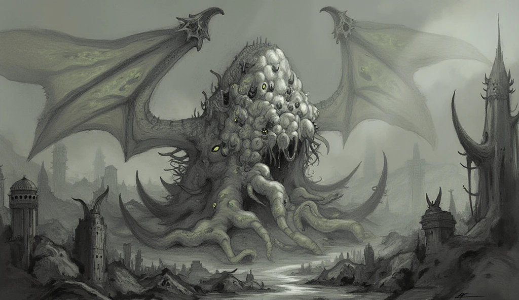 Cthulhu an amorphous, bubbly gelatinous mass with dragon wings - SeaArt AI
