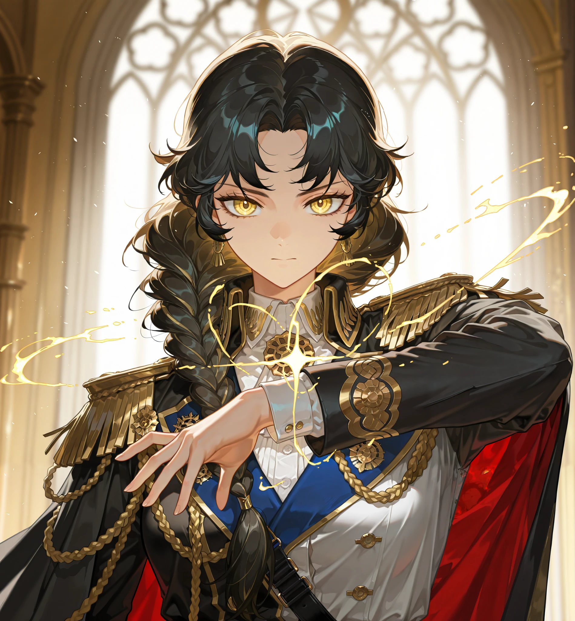 by [arknights|(748cmstyle:0.5)], mature, young adult, masterpiece, best quality, amazing quality, very aesthetic, high resolution, ultra-detailed, absurdres,
1girl, woman, solo, alone,r, (dynamic pose, angled shot, upper body focus, medium shot:1.1), military, uniform, royalty, golden eyes, black hair, braided hair, long hair, gold hair, white dress shirt, black overcoat, pettycoat, military officer, palace of versailles, royal guard, authority, looking at viewer,  (magic eyes)
BREAK, depth of field, volumetric lighting
 