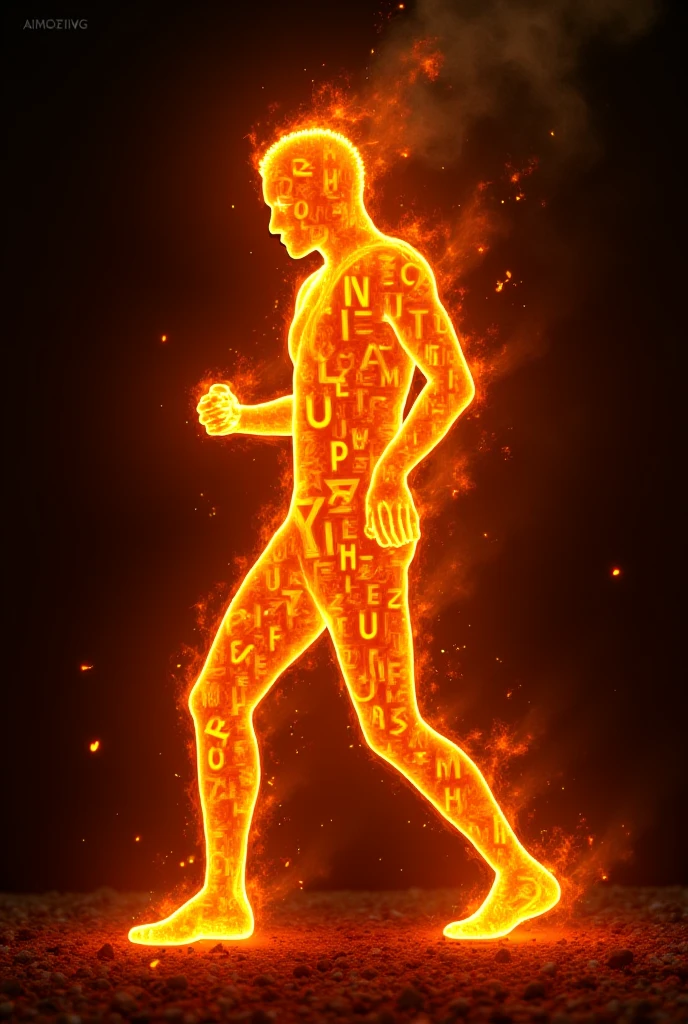 A studio shot of a figure composed of vivid, realistic flames walking in side profile, no face, with flames trailing naturally behind, against an intense red background, #D32F2F. Captured by Helmut Newton, with a Hasselblad H6D and an 80mm f/2.8 lens at f/5.6, 1/125s, ISO 400. The flames are intense and detailed, with a natural, realistic texture that emphasizes the movement. HD quality, natural look