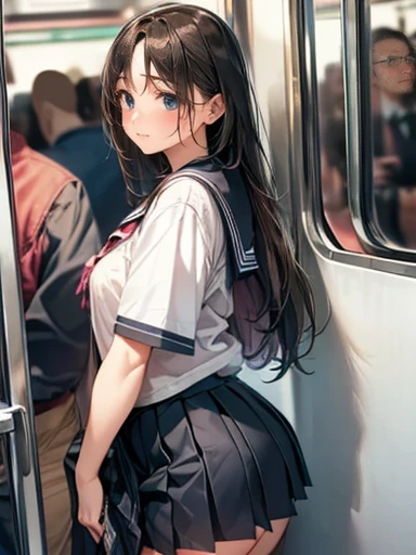 absurderes、masterpiece、top-quality、realisitic、Hyper-detailing、(skin gloss、Sweatiness:1.4)、Looking at the camera、One Woman、独奏、(tshirts、High School Skirts)、long、poneyTail、blue eyess、(Thigh:0.5)、动态照明、hight resolution、foco nítido、depth of fields、((small tits、very slender body)),((looking behind、)),(red blush、Embarrassed look、)、((Angle from the ground、The crotch of the panties is visible、s ass))