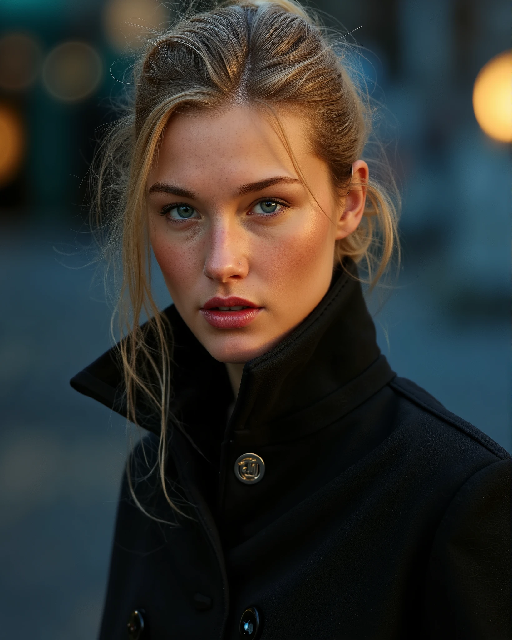 Light-haired blonde, light blue eye, , at night, Girl's clothes, outerwear , party clothes , shoe, luxurious, Louis Vuitton, Hermés Paris, Gucci, Chanel, Cartier