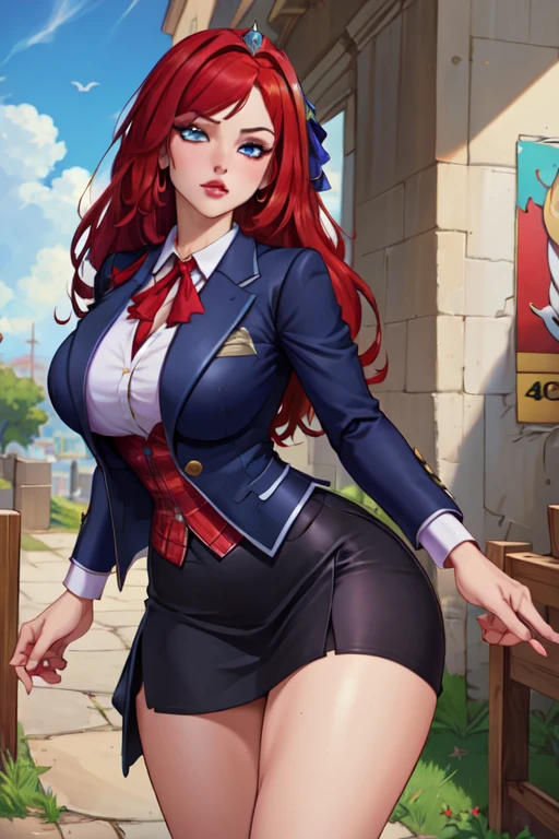Busty cop, sexy uniform. realistic, red hair, short skirt, stockings, upskirt, vivid colours