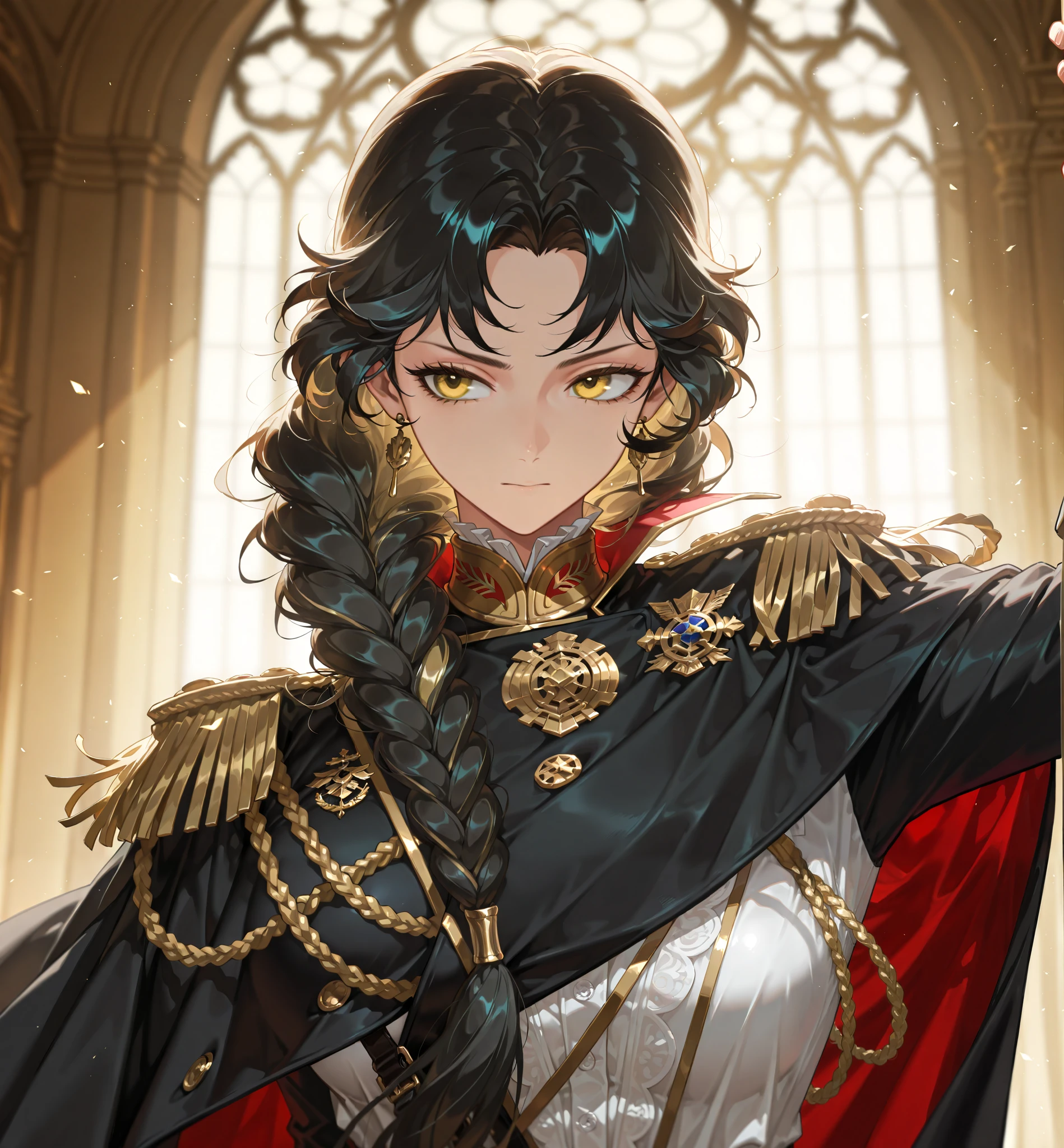 by [arknights|(748cmstyle:0.5)], mature, young adult, masterpiece, best quality, amazing quality, very aesthetic, high resolution, ultra-detailed, absurdres,
1girl, woman, solo, alone,r, (dynamic pose, angled shot, upper body focus, medium shot:1.2), military, uniform, royalty, golden eyes, black hair, braided hair, long hair, gold hair, white dress shirt, black overcoat, pettycoat, military officer, palace of versailles, royal guard,
BREAK, depth of field, volumetric lighting
 
