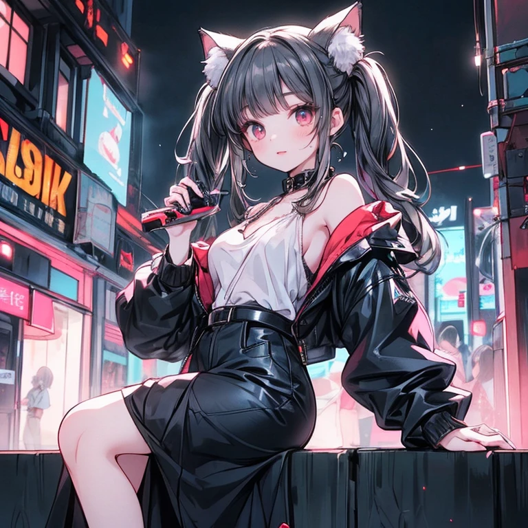 long black hair，cat ears girl，red eyes，single ponytail，cat tail，sports vest，Run the steps
