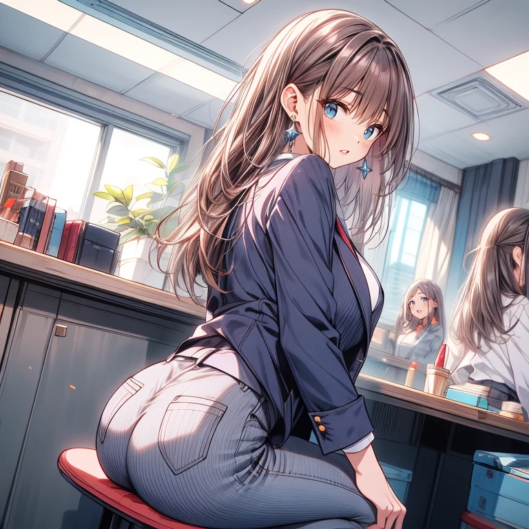 get down on all fours、one person、masterpiece、highest quality、Super detailed、High resolution illustrations、enhance the charm of your eyes、depicted in detail、perfect body structure、Now that she'I'm older, she'to a school teacher.、suit、thin、Rear view、Wear pants to emphasize your butt、small ass、I will show you my pants with a plain design.、classroom、blush、embarrassing、shy smile、hot air、Sweat、Sigh、
