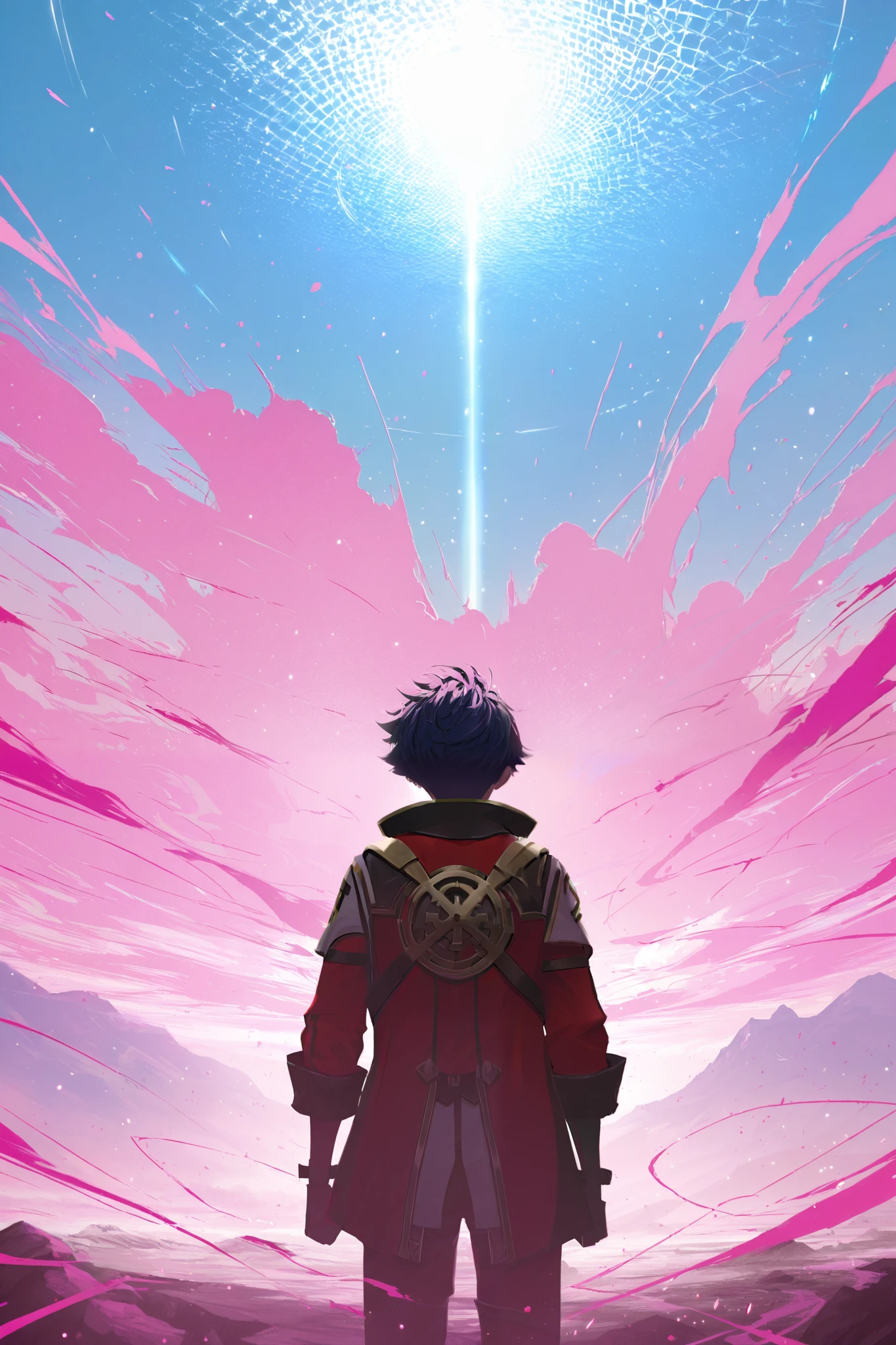 score_9, score_8_up, score_7_up, score_6_up, score_5_up, score_4_up,
BREAK
(masterpiece: 1.0), best quality, perfect anatomy, perfect composition, perfection, 4k resolution, absurdres, very aesthetic, professional artwork, absolutely beautiful,
Break
1girl, looking to side, blue sky, red clothes, pink smoke trails, arcane style, great color theory, particles