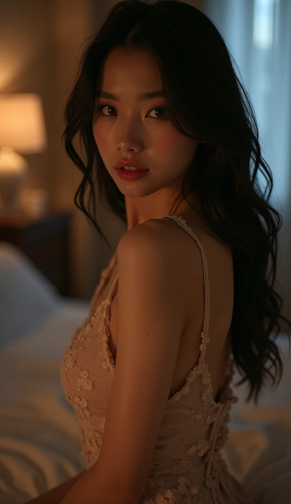 A beautiful thai supermodel with ชุดนอนบางสีขาวเปียก and sit on the bed, looking at the viewer, full body shot, movie lighting, glow, neon,