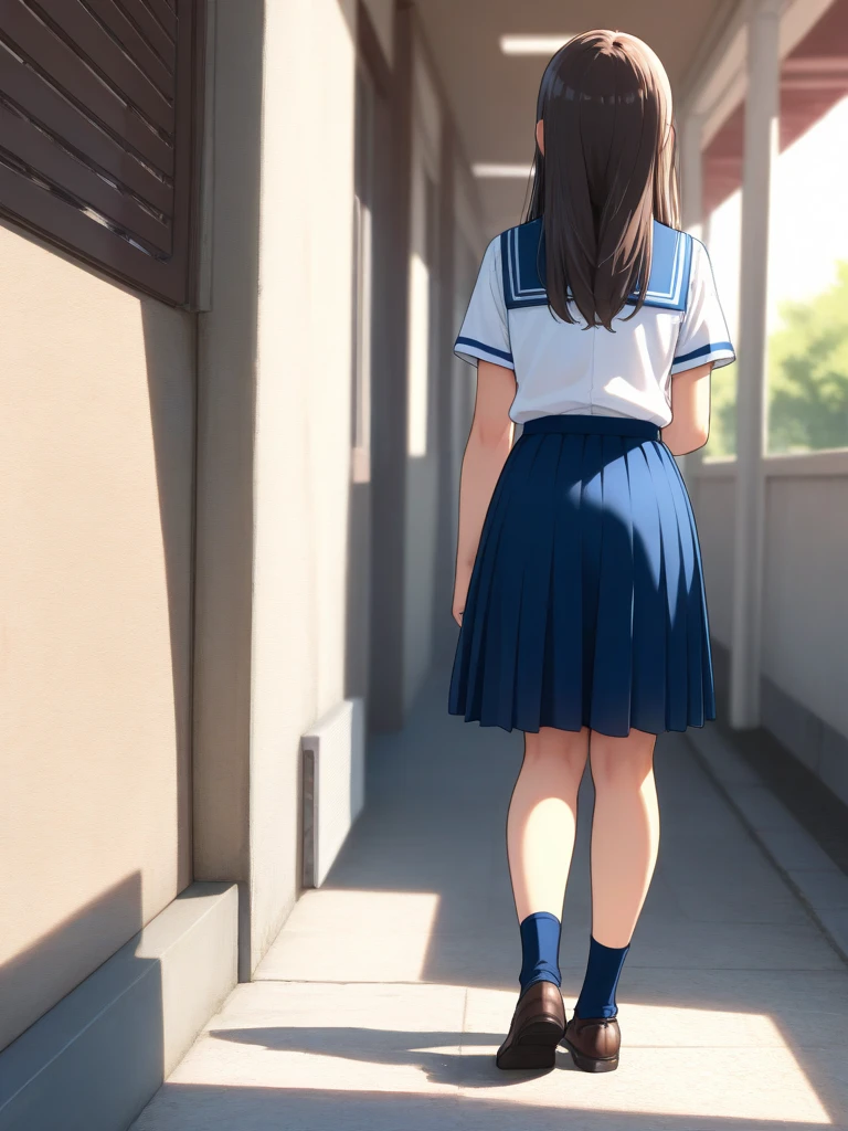 masterpiece, best quality, high resolution, extremely detailed, detailed background, cinematic lighting, 1girl, looking back, brown hair, blue eyes, squatting, wear school uniform, peeing self, peeing girl, pee stain, pee stream, dirty skirt, puddle of pee, blush, opened mouth, angry expression, mad, furious, outdoor, peeing near school back door, peeing carelessly