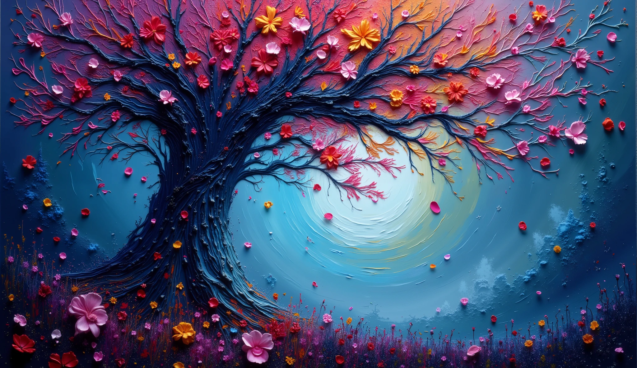 Dreamlike digital artwork of a towering tree in the Garden of Eden. Her cascading hair becomes a vibrant waterfall of neon cranberries and detailed zentangle-patterned flowers, twisting into a tornado of love and loss. The scene is lit with an iridescent glow from bioluminescent plants, with swirling mists and moonlight filtering through the treetops. Soft petals drift through the air, blending serenity and sorrow.
