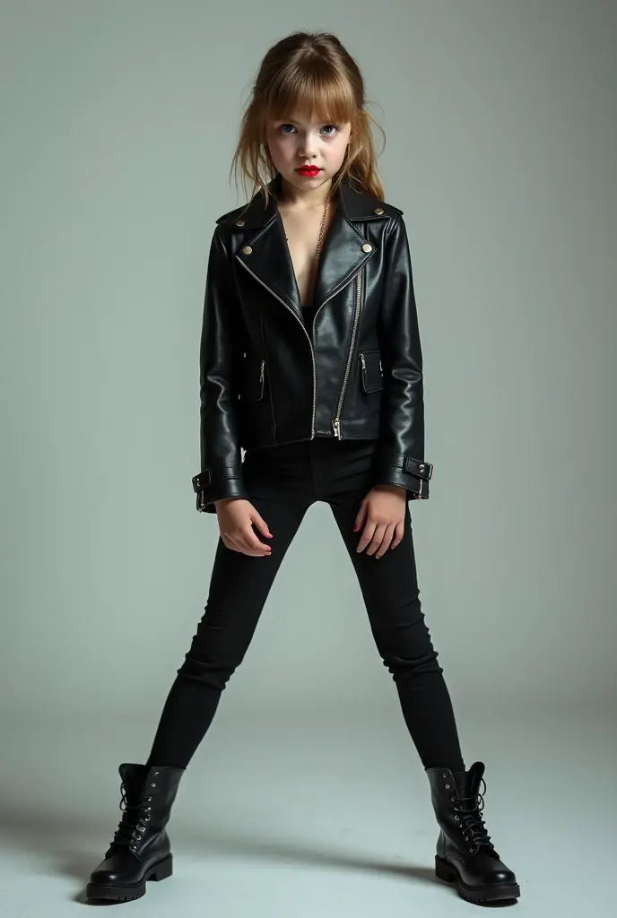 8 year old s in leather leggings and black heels , short stature