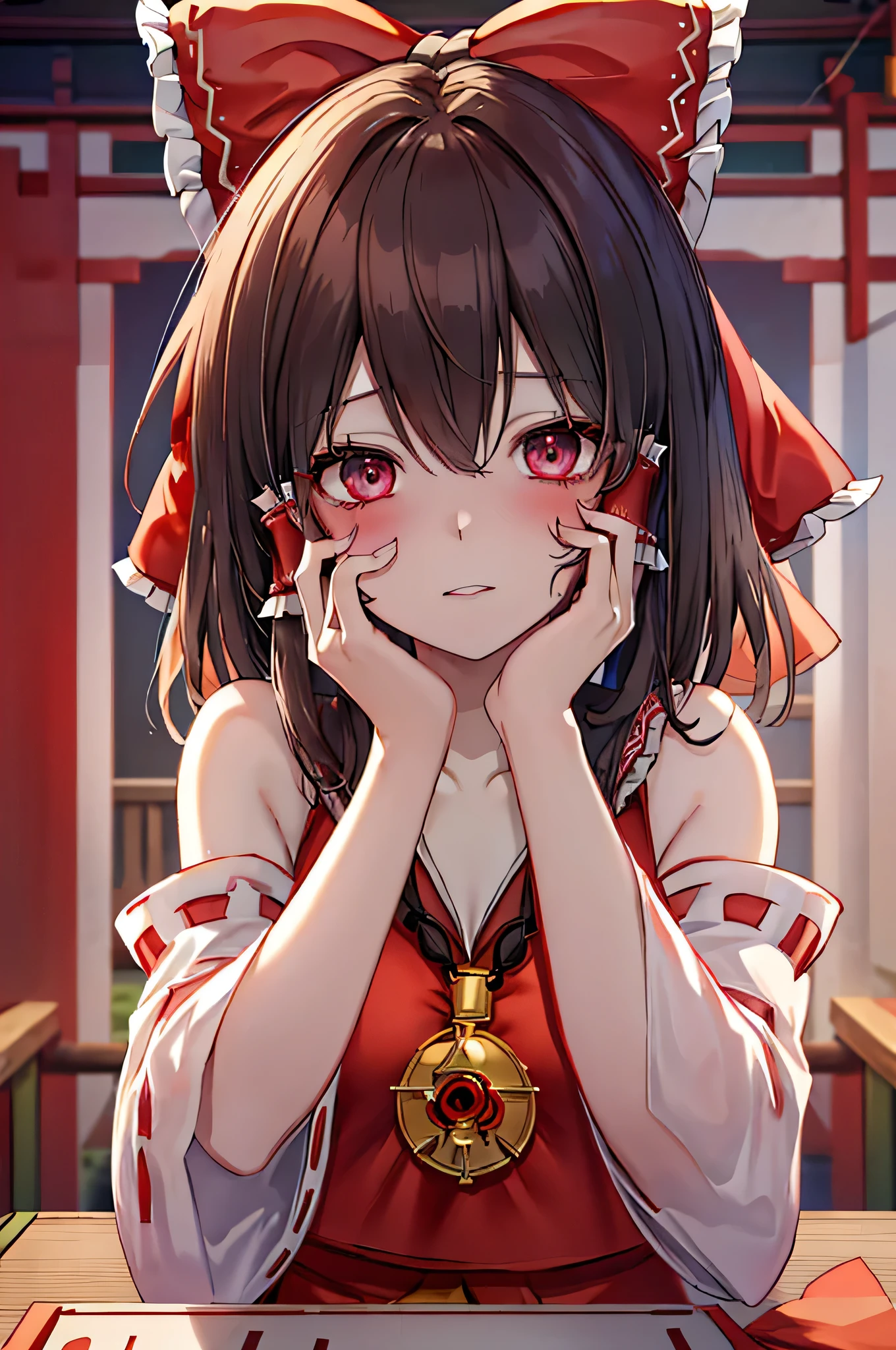 ((Borei Reimu:1.3)), ((top quality)), ((very well detailed)), table top, absurd, (fine grain, Deep Eyes), (one girl), yandere trance, yandere,  place your hand on your face, ((cover your cheeks with your hands:1.2)), Shadow Face, ((No light eyes )), (upper body),  Hexmania CMS , ((@.@)), under your eyes, stupid hair, red ribbons,   black hair, pale skin, small breasts, , Red shrine maiden outfit, (Japanese-style desk、 dark)