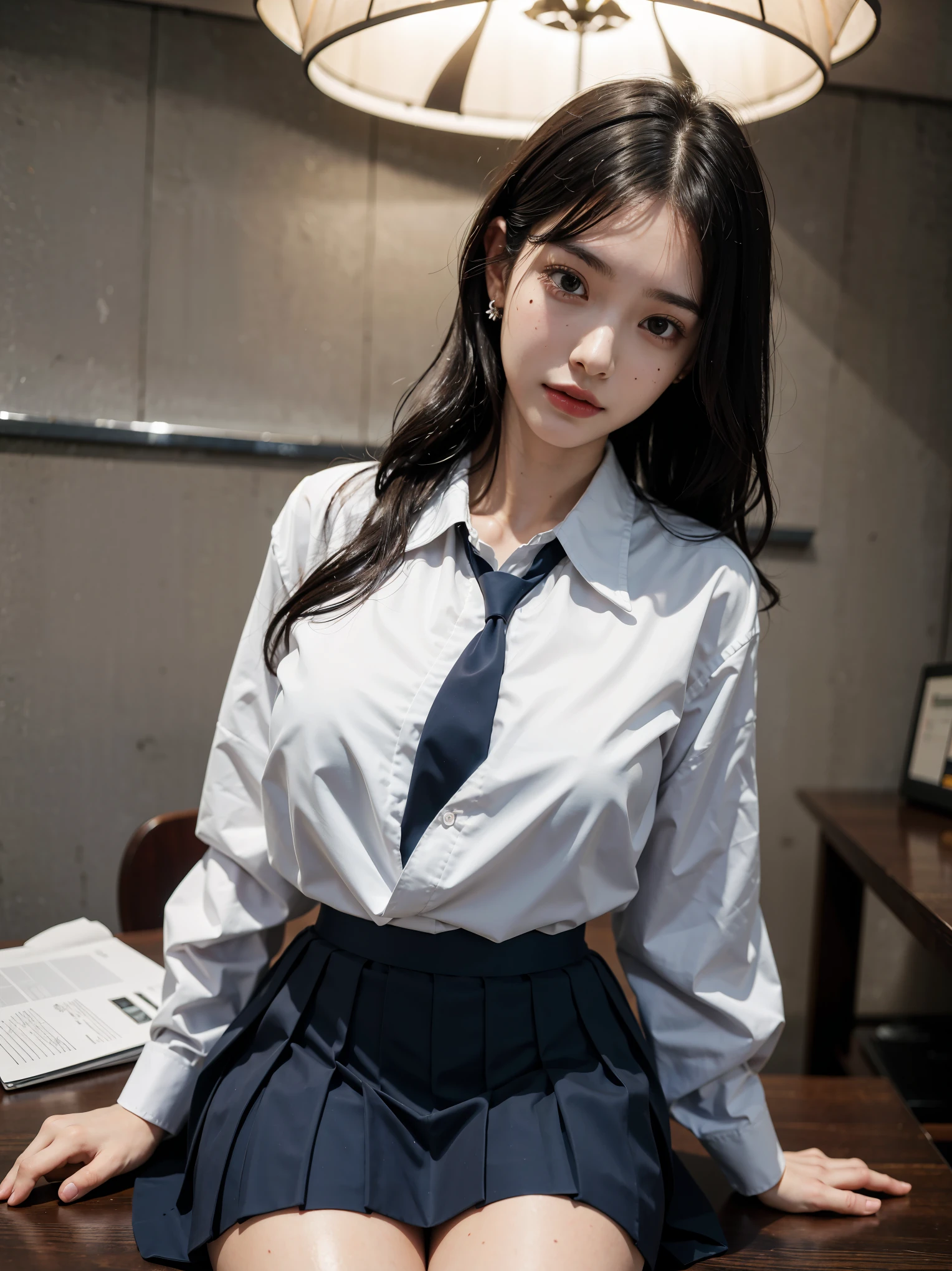 ulzzang -6500-v1.1, (Raw foto:1.2), (Photorealsitic), a beautiful detailed girl, extremely detailed eye and face, beatiful detailed eyes, huge filesize, (Colossal tits), hight resolution, ighly detailed, top-quality, [​masterpiece:1.6], [JK school uniform], illustratio, ighly detailed, nffsw, finely detail, top-quality, Highly detailed ticker uniform 8k wallpaper, Cinematographic lighting, 1girl in、17 age、Cute Japan high school girl、perfect body type、[Wearing a white school blouse with the front button unbuttoned]、Large, Taut chest、[huge-breasted、heavy breasts、H-cup:1.8]、Cute droopy eyes、Beautiful big eyes、White School Blouse、bra very、Sweating and getting wet、[sexual excitement:1.1]、[lyin in bed:1.5]、Raise both hands、School uniform ribbon around neck、A slight smil、(the whole body is wet)、Shining eyes、Wearing black tights、Wearing black leggings