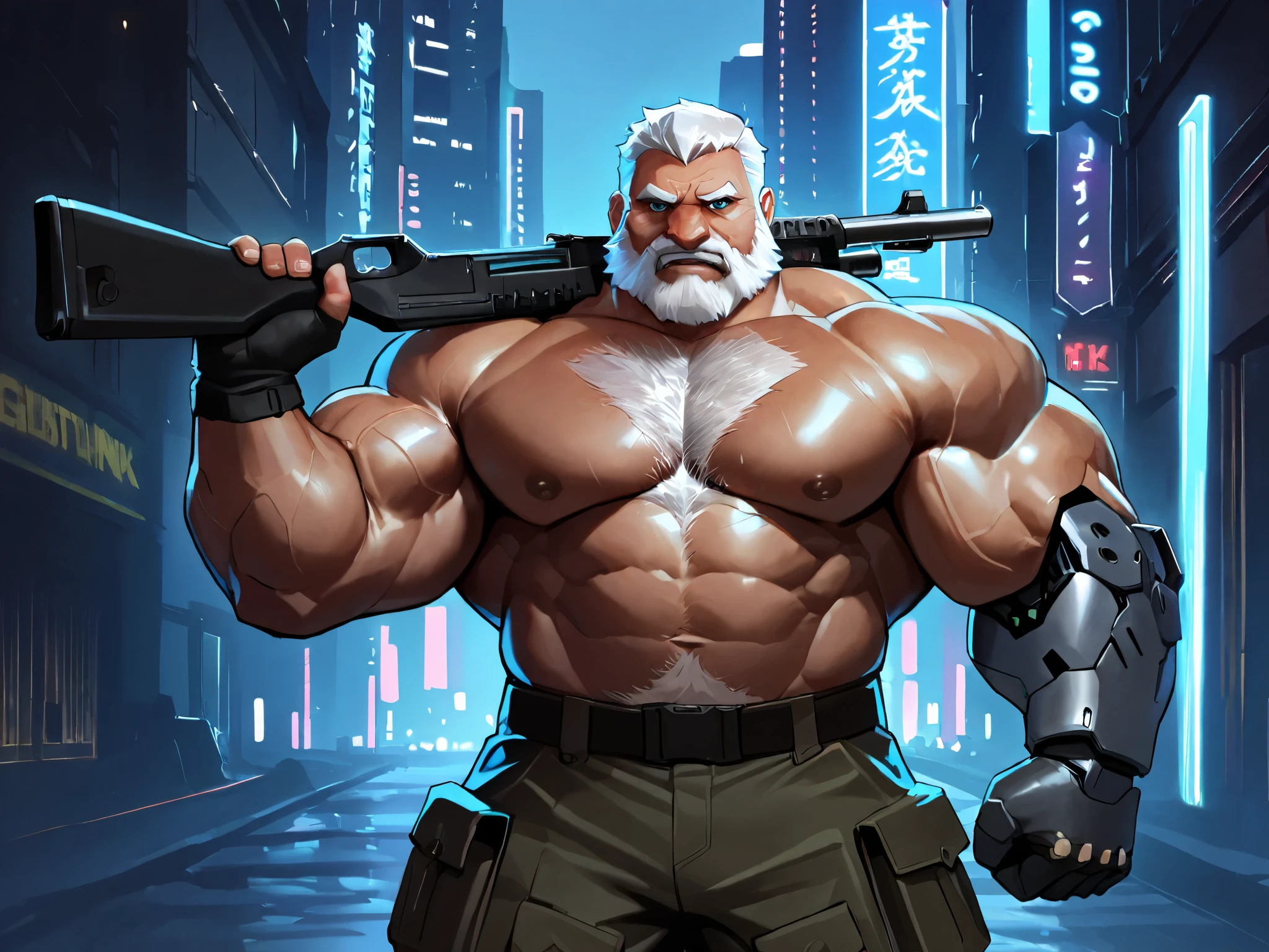 solo, huge muscular old man, white hair, thick chest hair, bearded, side pec, shirtless, very huge pectoral, cyberpunk, robotic left arms, city, neon light, gun fight, shotgun, cargo shorts, city, (detailed face:1.3, eyes, focus eyes), wide shoulder, thick arms, wide pectoral, muscle, short hair:1.2, masterpiece, semirealistic:1.2, high detailed, 8k, high resolution