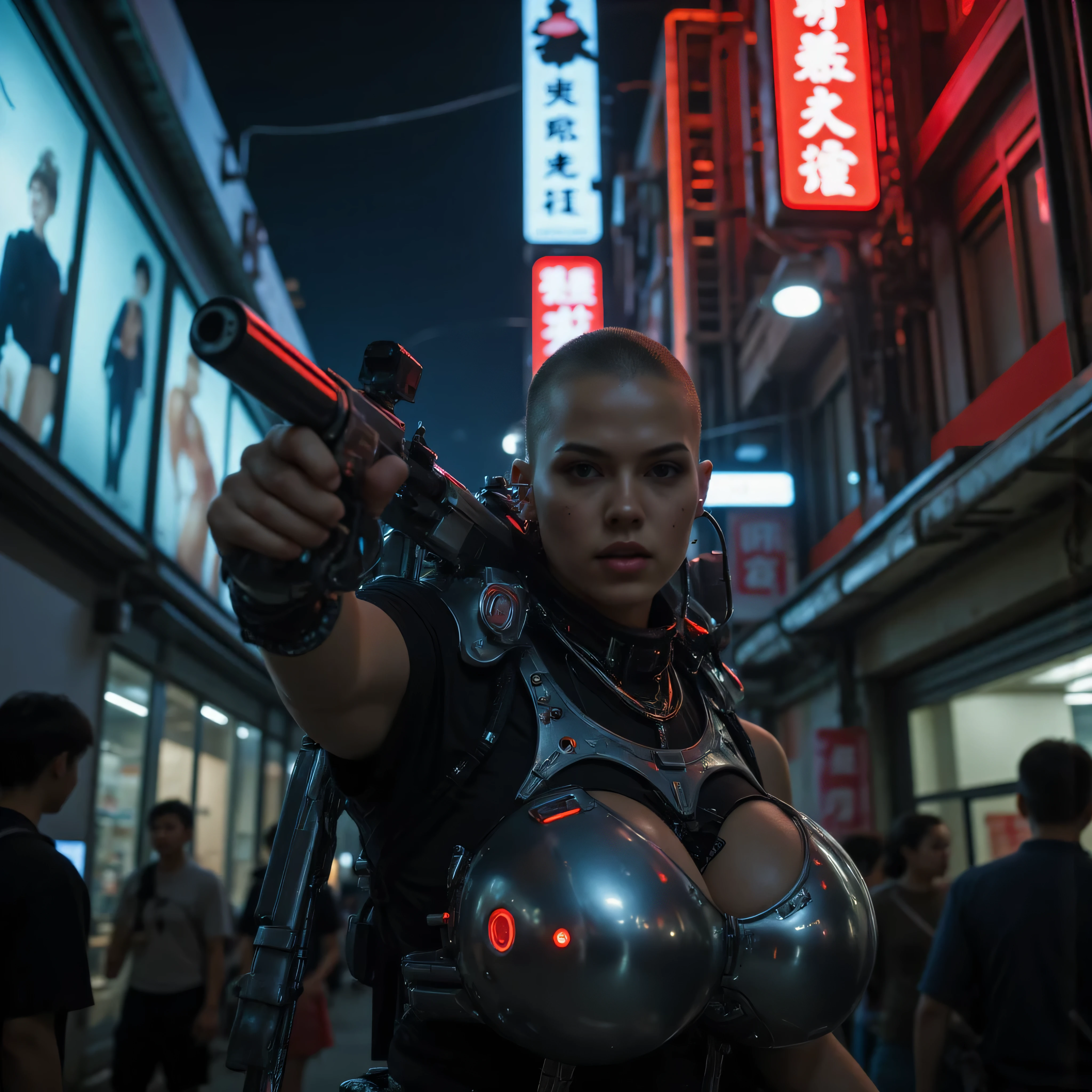 Masterpiece cyborg photo, photorealistic view of a young slim (((fullbreasted))) evil female cyberpunk in a (((((Looking angry into camera, attacking, looking hateful devastating into camera))))), ((((((raised electrical weapon in one hand, aiming and shooting towards camera)))))), (((((shaved side of head, subtle scifi cyberinterdevice flat small electronic controlpanel small red controllights alien technology electrical connections and two mini-usb-ports are fused into skin over one ear on shaved side of head, few minor implants, cables coming out of head, one usb-port is occupied by usb-plug and long cable hanging down, uncovered forhead))))). Sleek, form-fitting space suit with metallic and shiny texture, various ((((big electrical components like lights, circuitry, electrical stimulation devices with controlpanel)))), small technical backpack. ((((On crowded shabby street in chinese neon zone of a dark sci-fi city, with large, rounded highly advanced technical metal structures and metal and glass sci-fi buildings, cookingshops, holographic neon shilouettes of sexy females as commercials for cybertech or cybersex)))), (((((several female combatants attacking, storming, shooting in neon lighted night))))). The lighting highlights the contours of the suit and adds a dramatic effect to the scene, emphasizing a sense of dystopia or apocalypse in an alien setting. (((hyper detailed))), UHD, 16K
