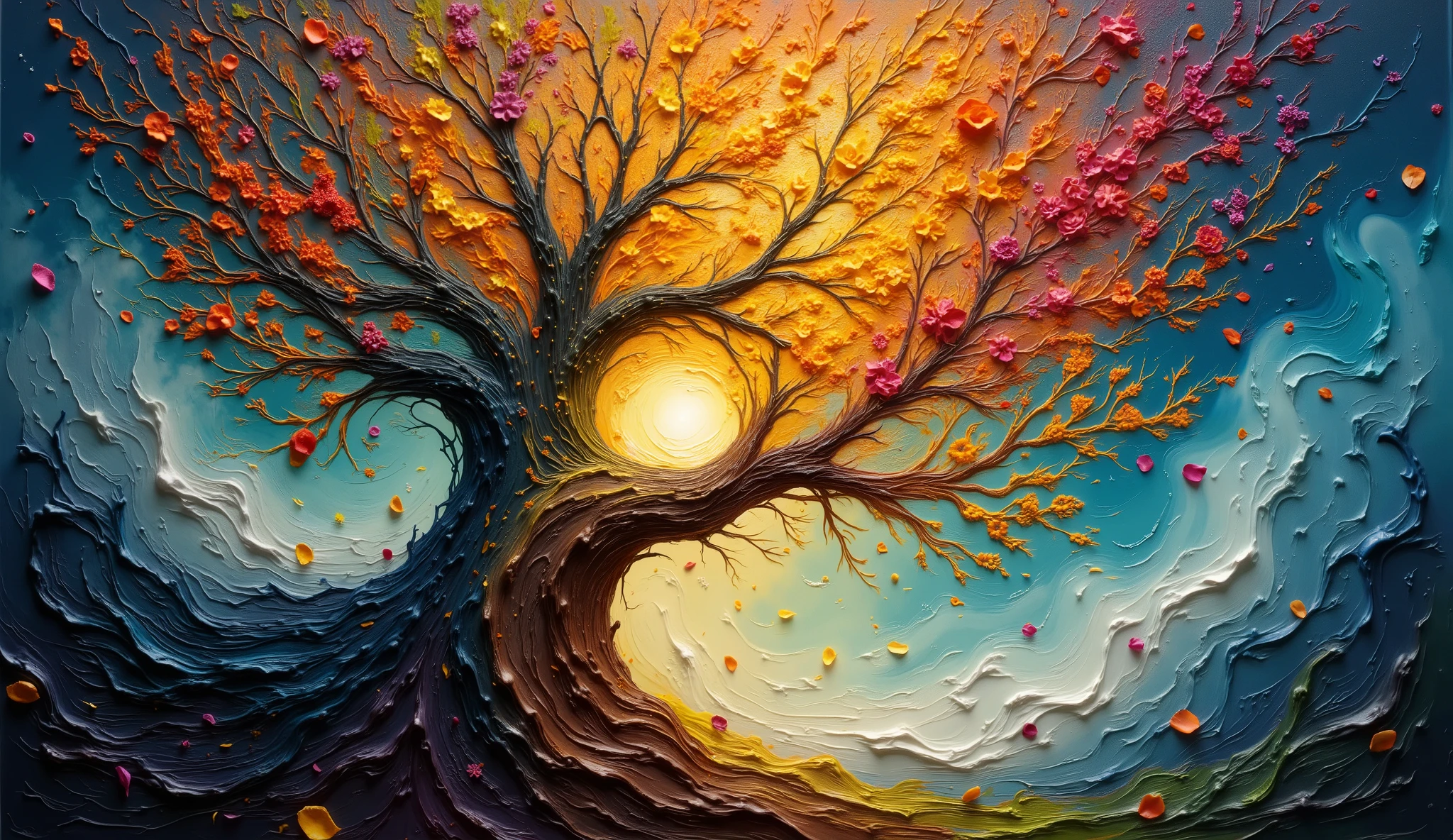Dreamlike digital artwork of  a towering tree in the Garden of Eden. Her cascading hair becomes a vibrant waterfall of golden cranberries and detailed zentangle-patterned flowers, twisting into a tornado of love and loss. The scene is lit with an iridescent glow from bioluminescent plants, with swirling mists and moonlight filtering through the treetops. Soft petals drift through the air, blending serenity and sorrow.  The scene is all made in white and golden palete
