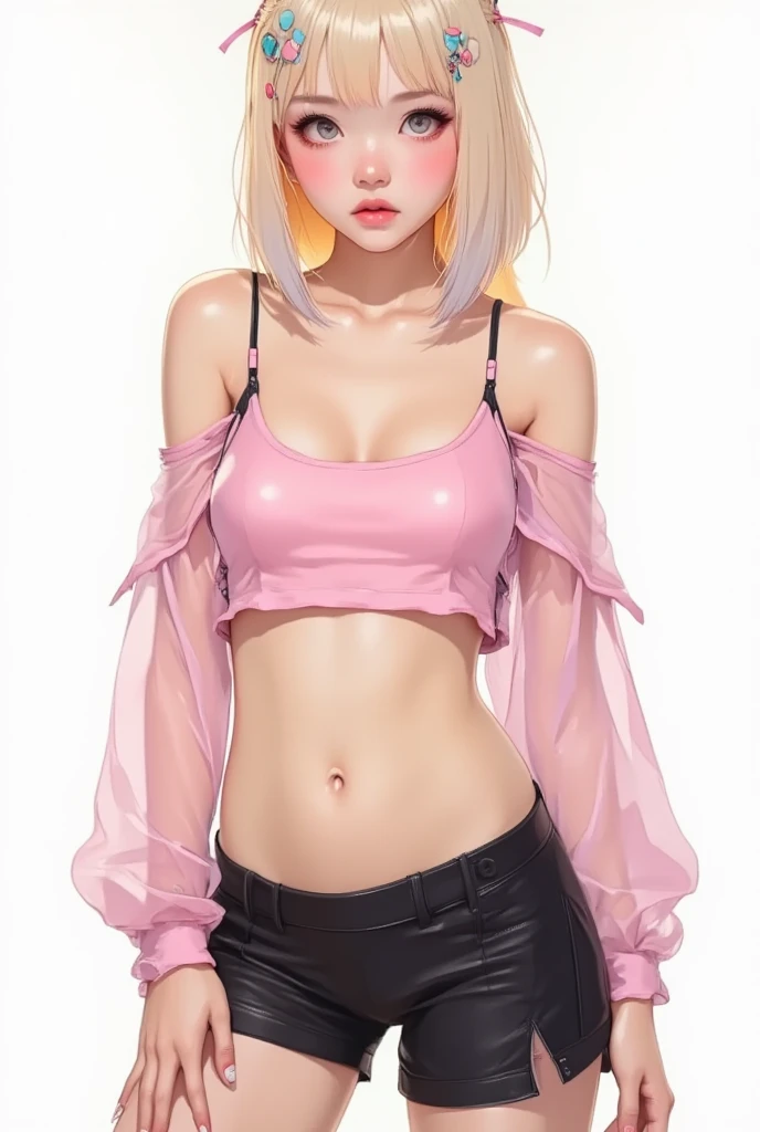 yamanaka ino,  shaved armpits, long blonde hair, bangs, masterpiece,
BREAK (off-shoulder shirt, shorts, jewelry, pendant:1.2),
BREAK full bodyesbian，Standing on the ground，Slim，long leges，Stand up straight，nothing background，Slim，extra long leg，A sagging breast,arms behind back,
BREAK ((top quality, 8k, masterpiece: 1.3, ultra hd, high quality, best quality, high definition, realism)), sharp focus: 1.5, Beautiful woman with Slim body, (perfect hands, perfect anatomy),